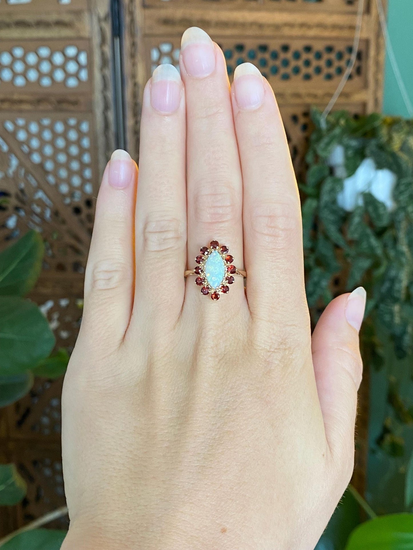 Vintage Solid 10k Yellow Gold Garnet Halo Marquis Opal Ring - Size 7.75