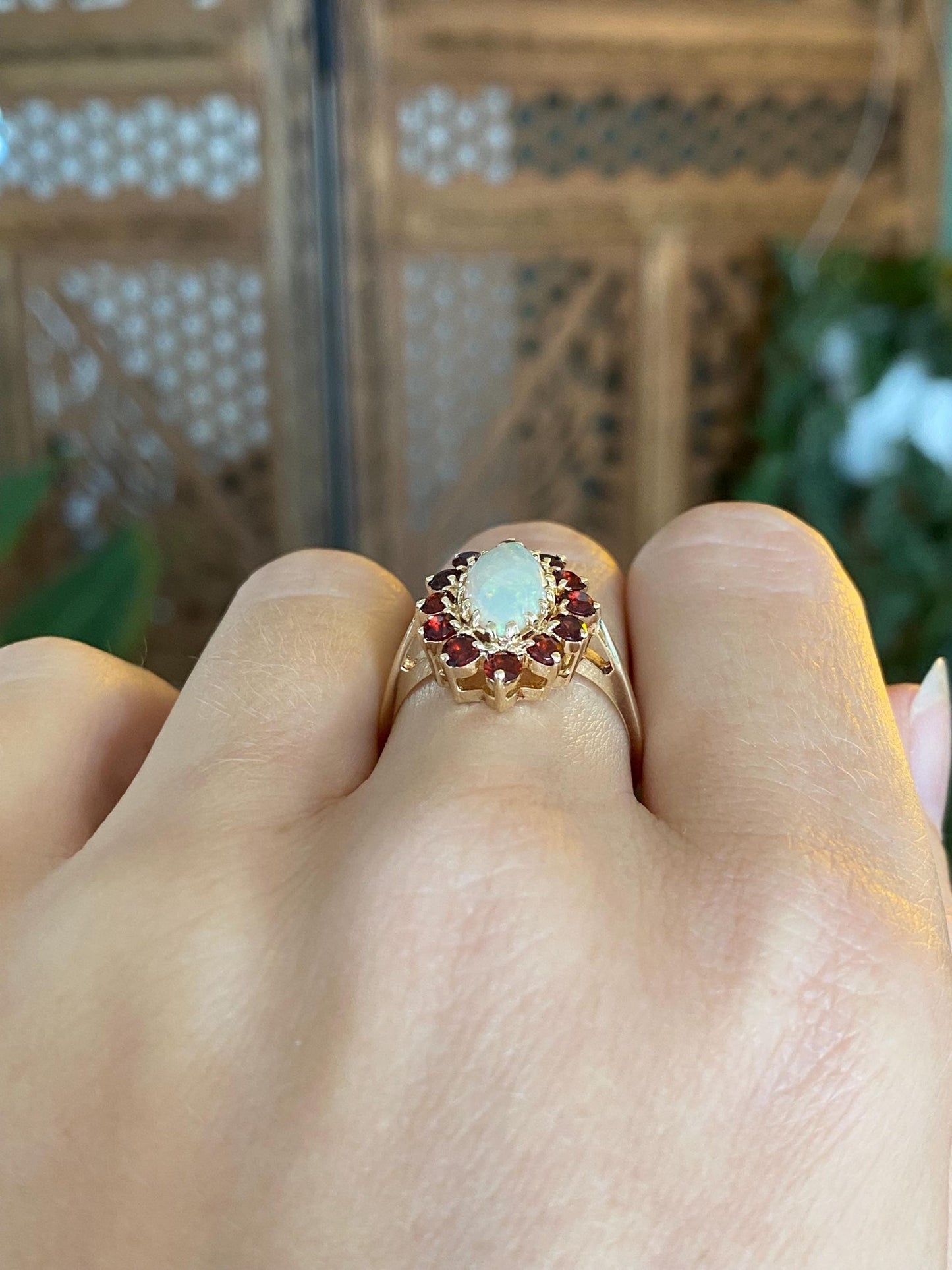 Vintage Solid 10k Yellow Gold Garnet Halo Marquis Opal Ring - Size 7.75