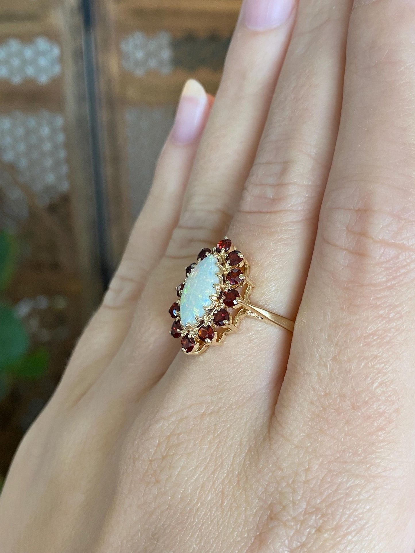 Vintage Solid 10k Yellow Gold Garnet Halo Marquis Opal Ring - Size 7.75