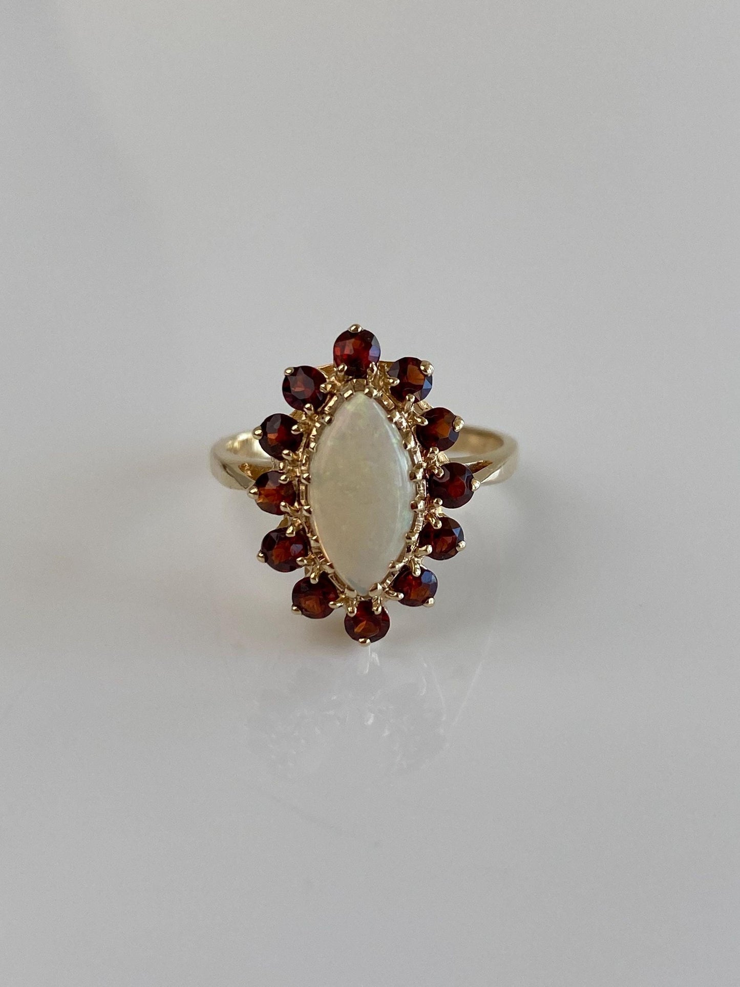 Vintage Solid 10k Yellow Gold Garnet Halo Marquis Opal Ring - Size 7.75