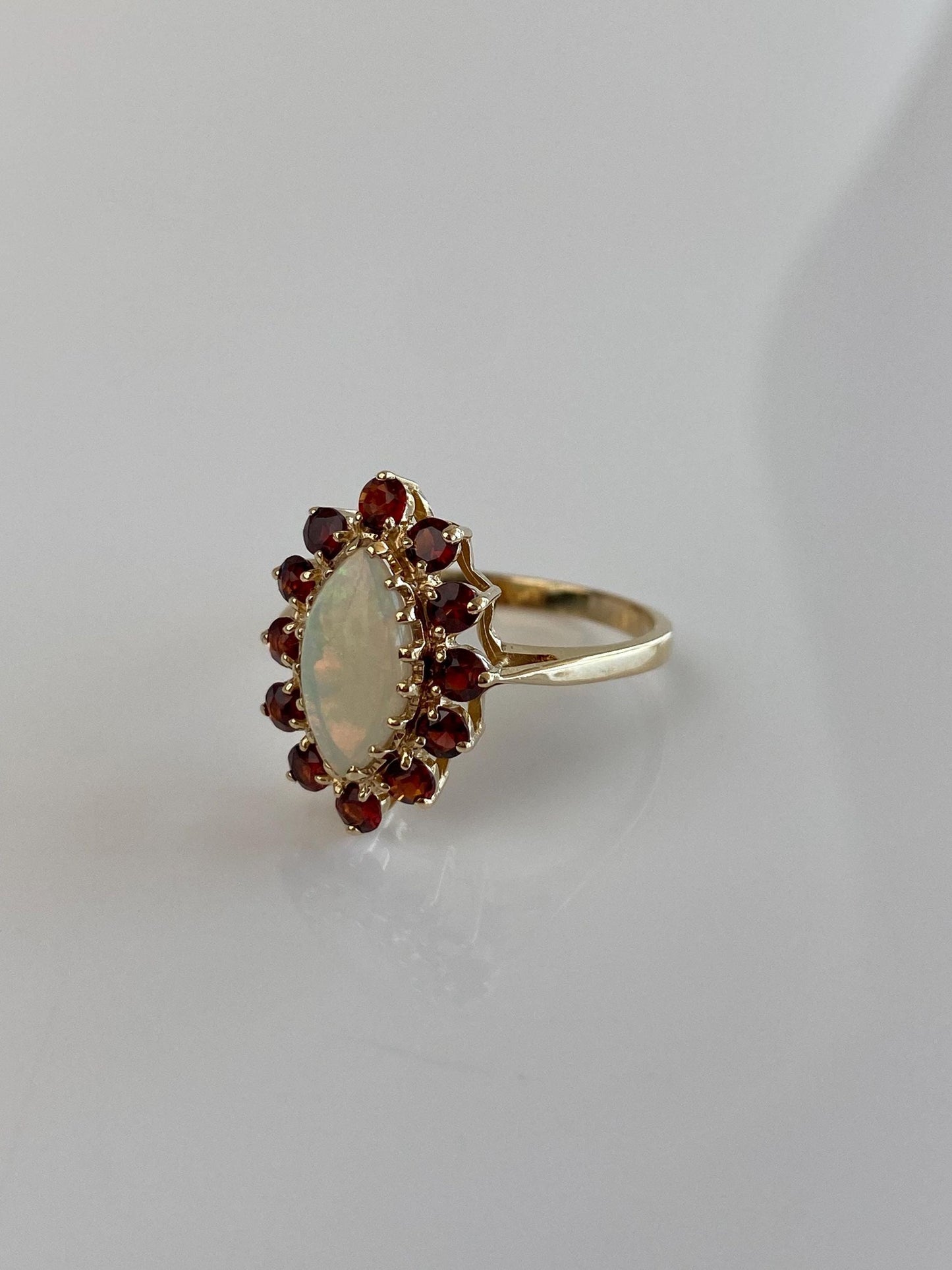 Vintage Solid 10k Yellow Gold Garnet Halo Marquis Opal Ring - Size 7.75