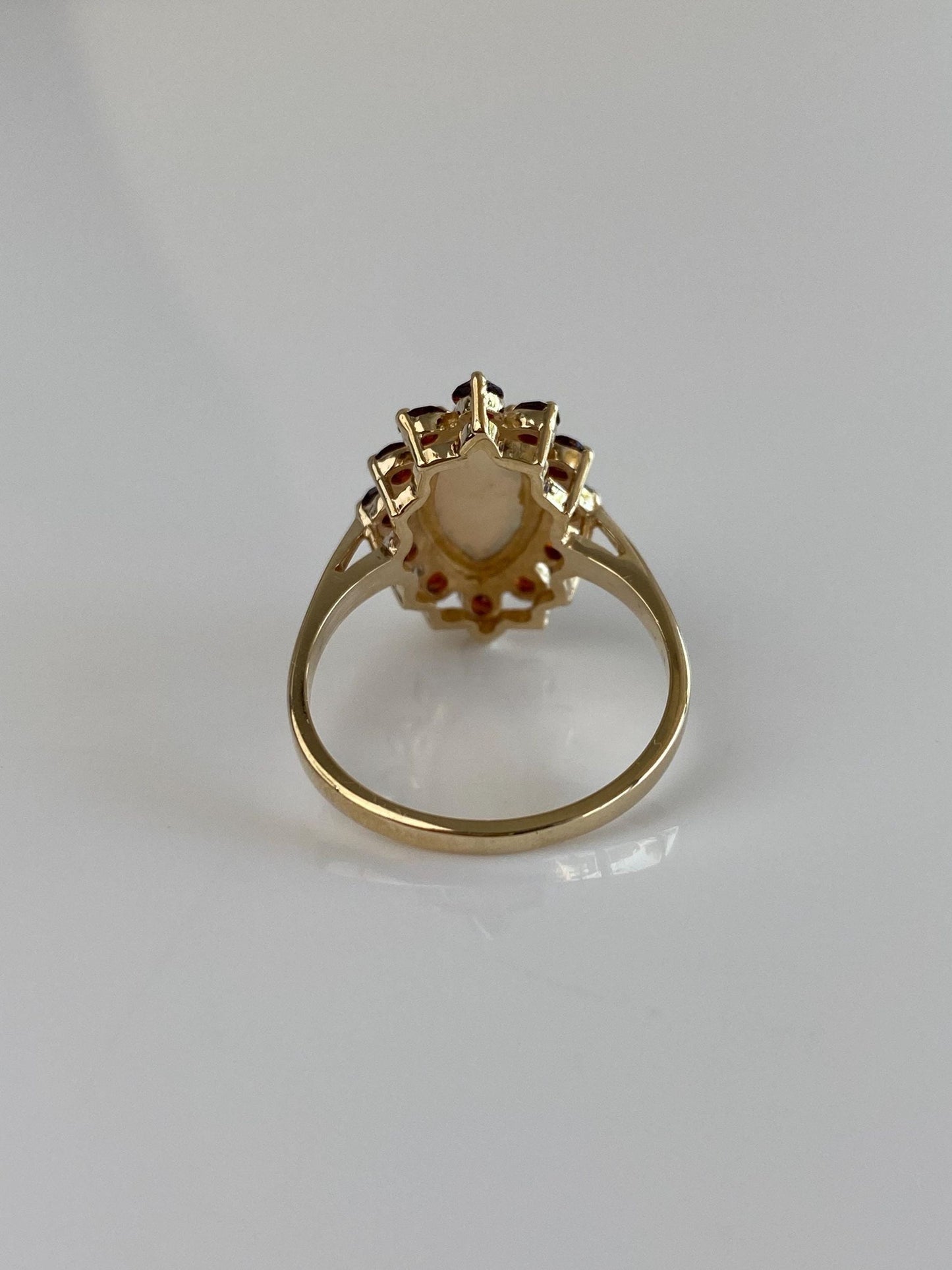 Vintage Solid 10k Yellow Gold Garnet Halo Marquis Opal Ring - Size 7.75