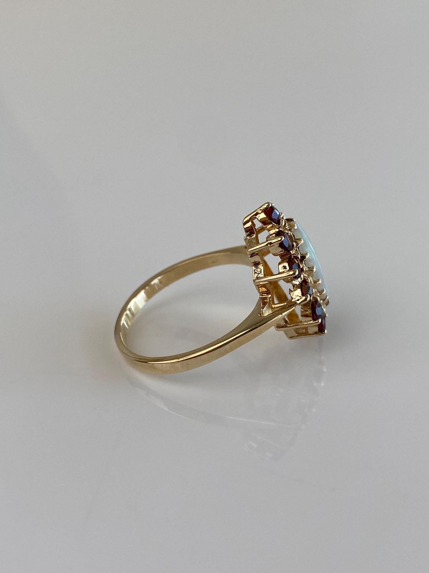 Vintage Solid 10k Yellow Gold Garnet Halo Marquis Opal Ring - Size 7.75