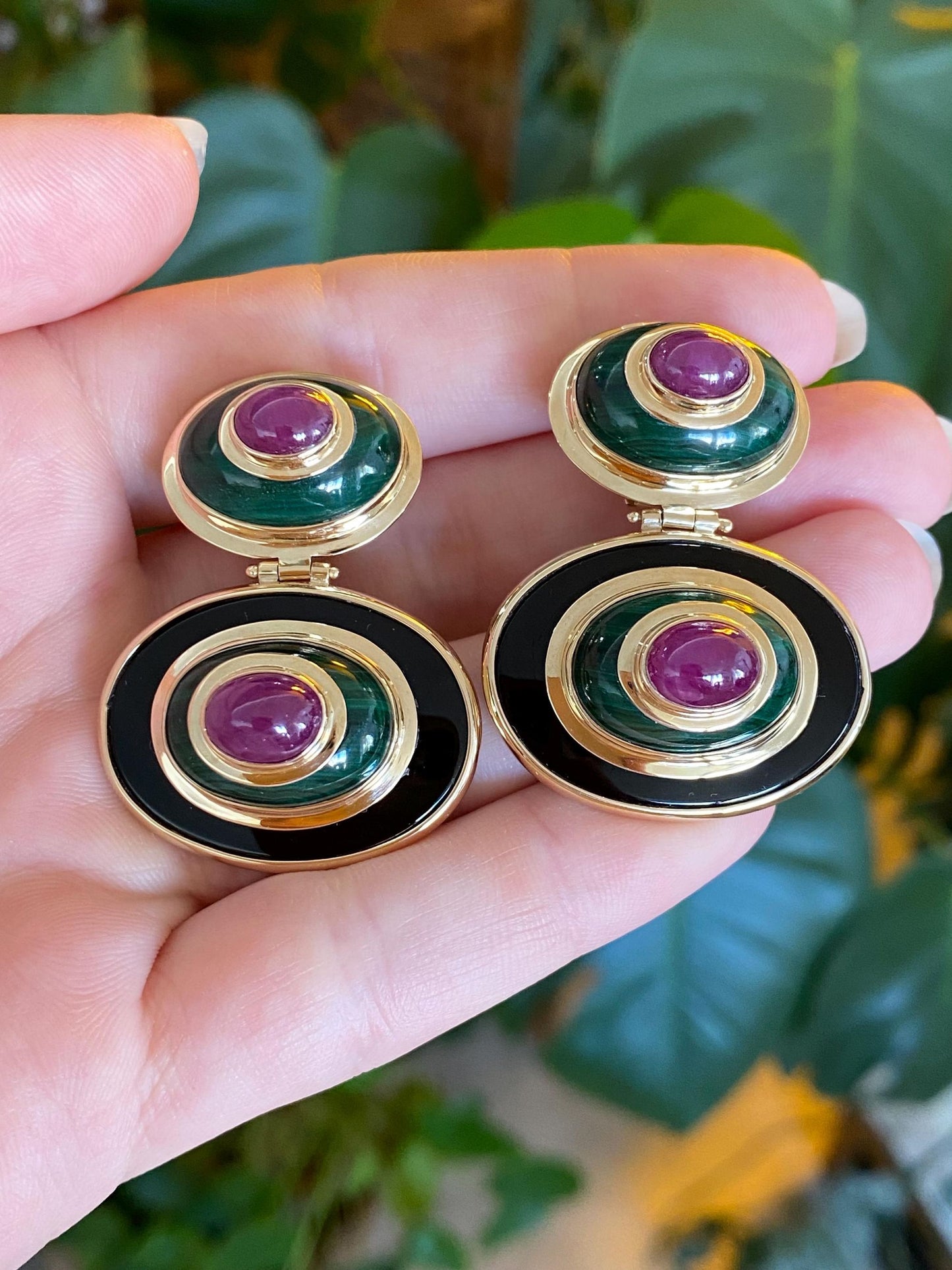 Vintage Solid 14k Yellow Gold Black Onyx Malachite Ruby Drop Earrings