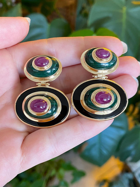 Vintage Solid 14k Yellow Gold Black Onyx Malachite Ruby Drop Earrings