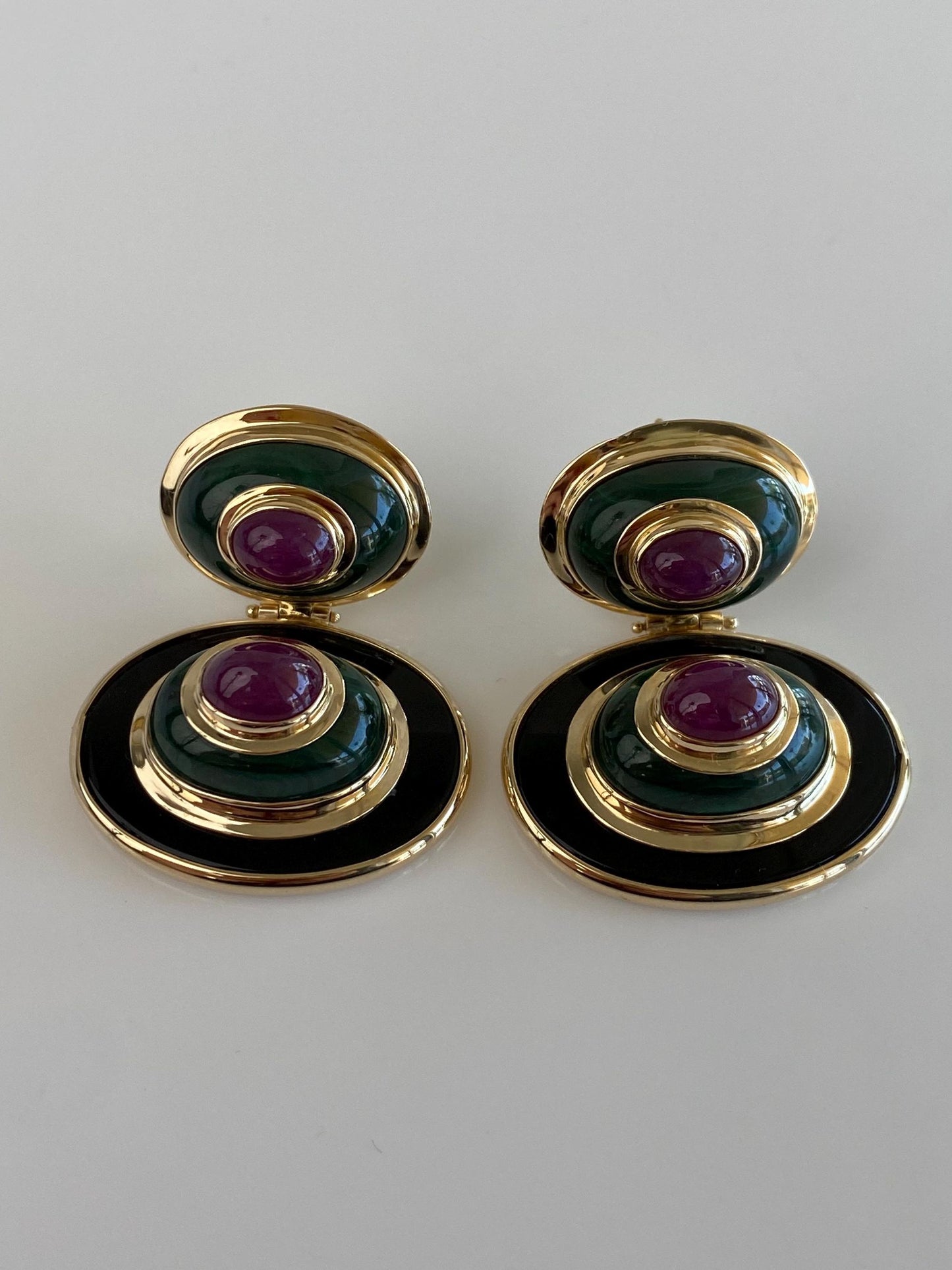Vintage Solid 14k Yellow Gold Black Onyx Malachite Ruby Drop Earrings