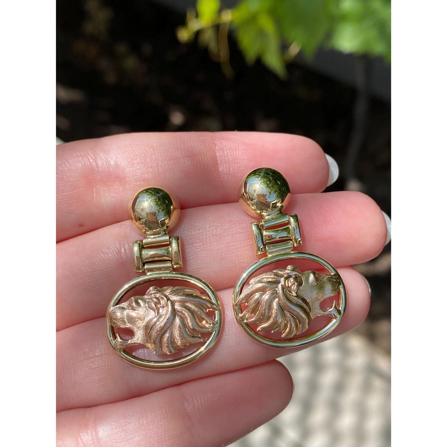 Vintage Solid 14k Rose & Yellow Gold Lion Dangle Stud Earrings