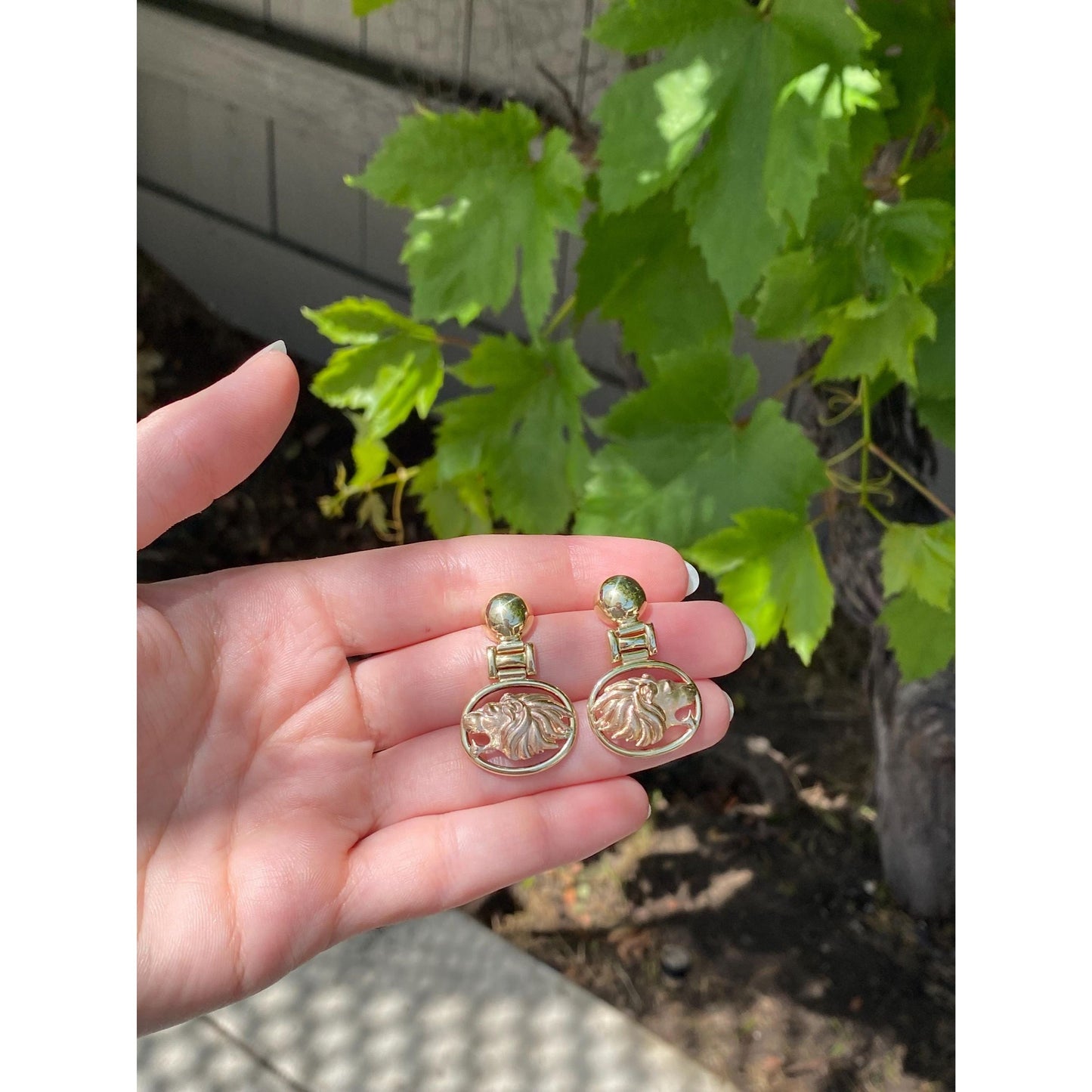 Vintage Solid 14k Rose & Yellow Gold Lion Dangle Stud Earrings