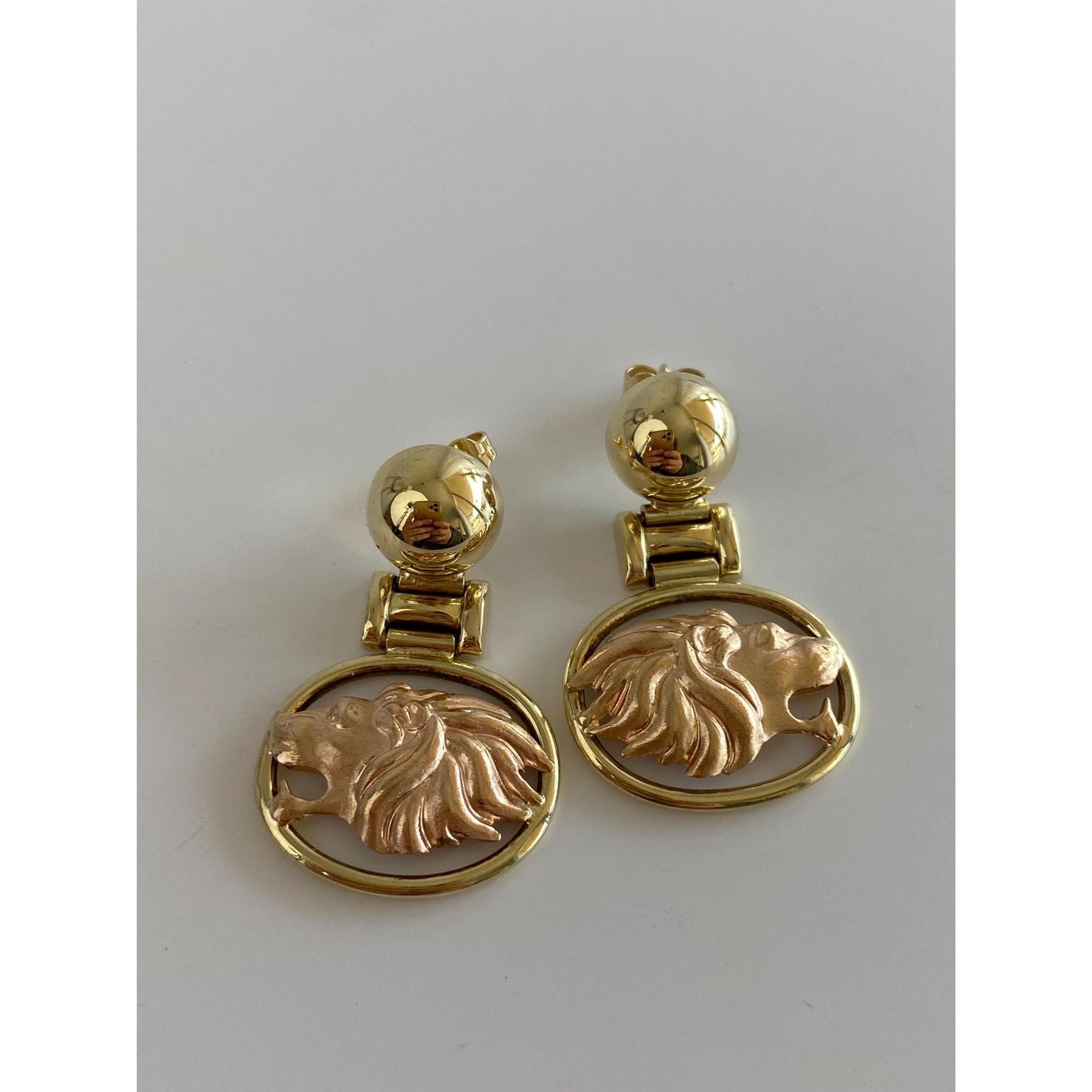 Vintage Solid 14k Rose & Yellow Gold Lion Dangle Stud Earrings
