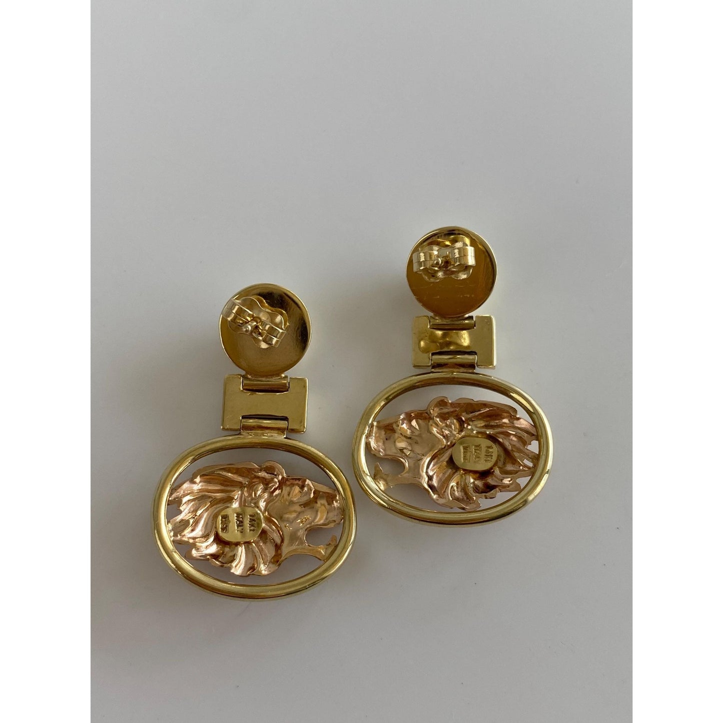 Vintage Solid 14k Rose & Yellow Gold Lion Dangle Stud Earrings