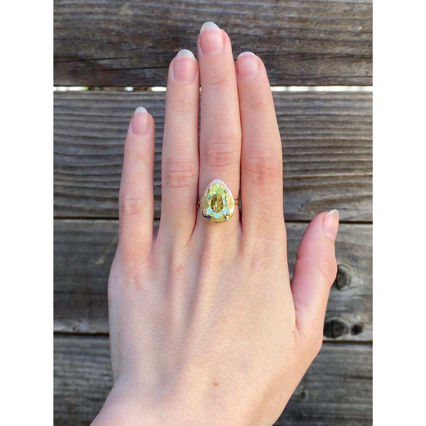 Solid 10k Yellow Gold Light Green Spinel Teardrop Ring - Size 6.25