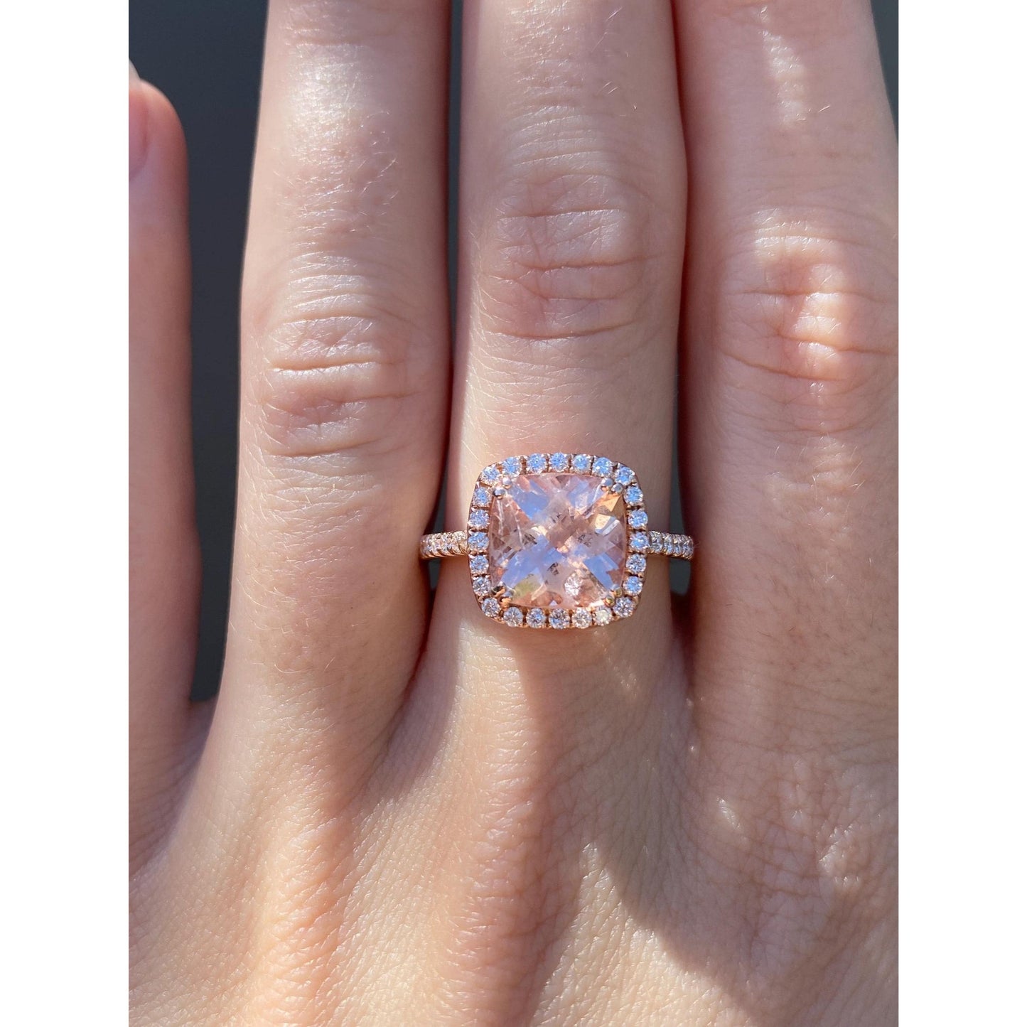 Vintage Solid 14k Rose Gold Diamond Halo Pink Quartz Ring - Size 7