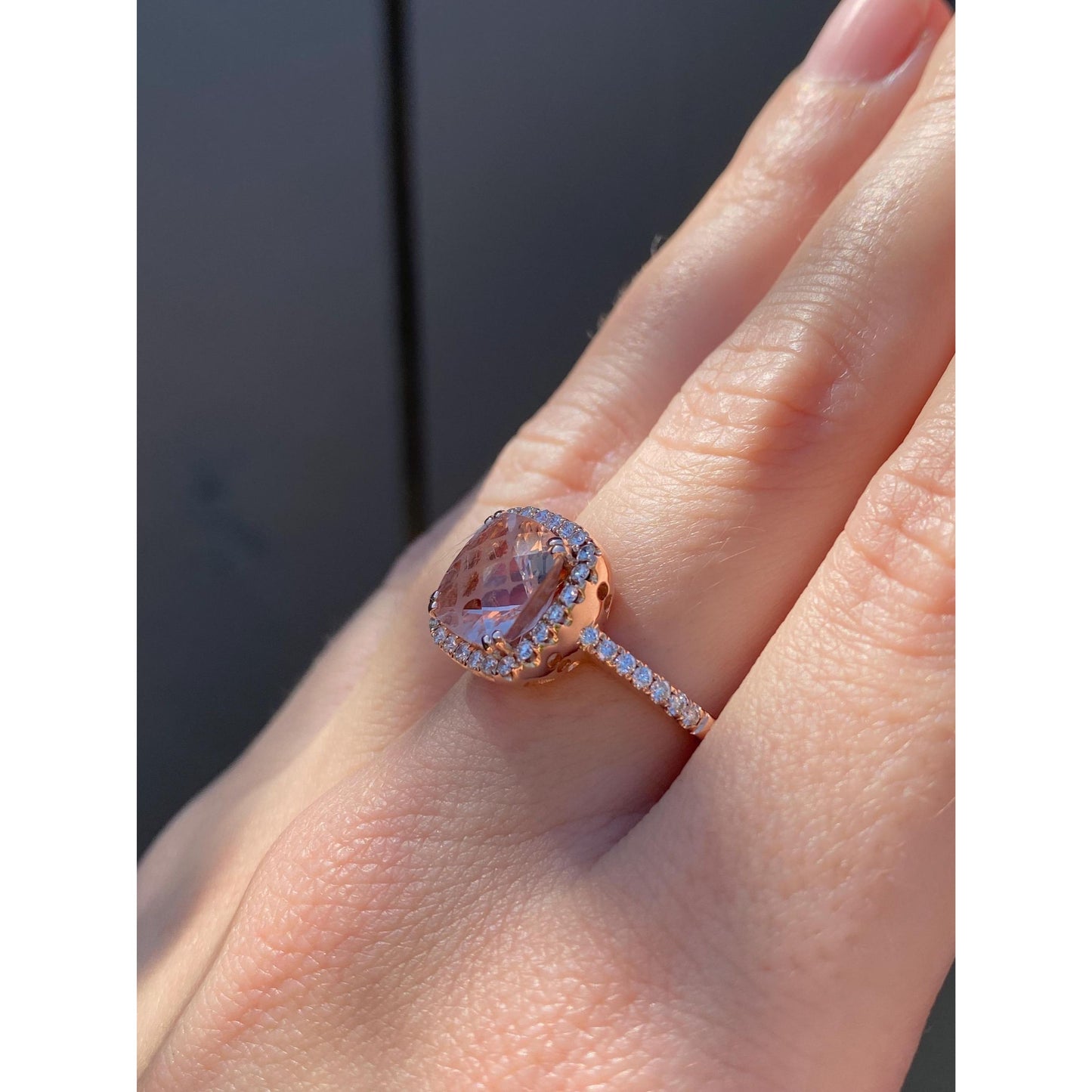 Vintage Solid 14k Rose Gold Diamond Halo Pink Quartz Ring - Size 7