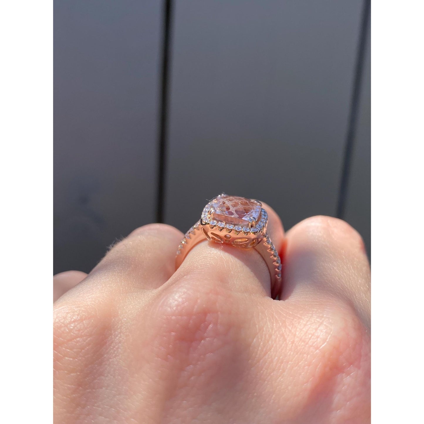 Vintage Solid 14k Rose Gold Diamond Halo Pink Quartz Ring - Size 7