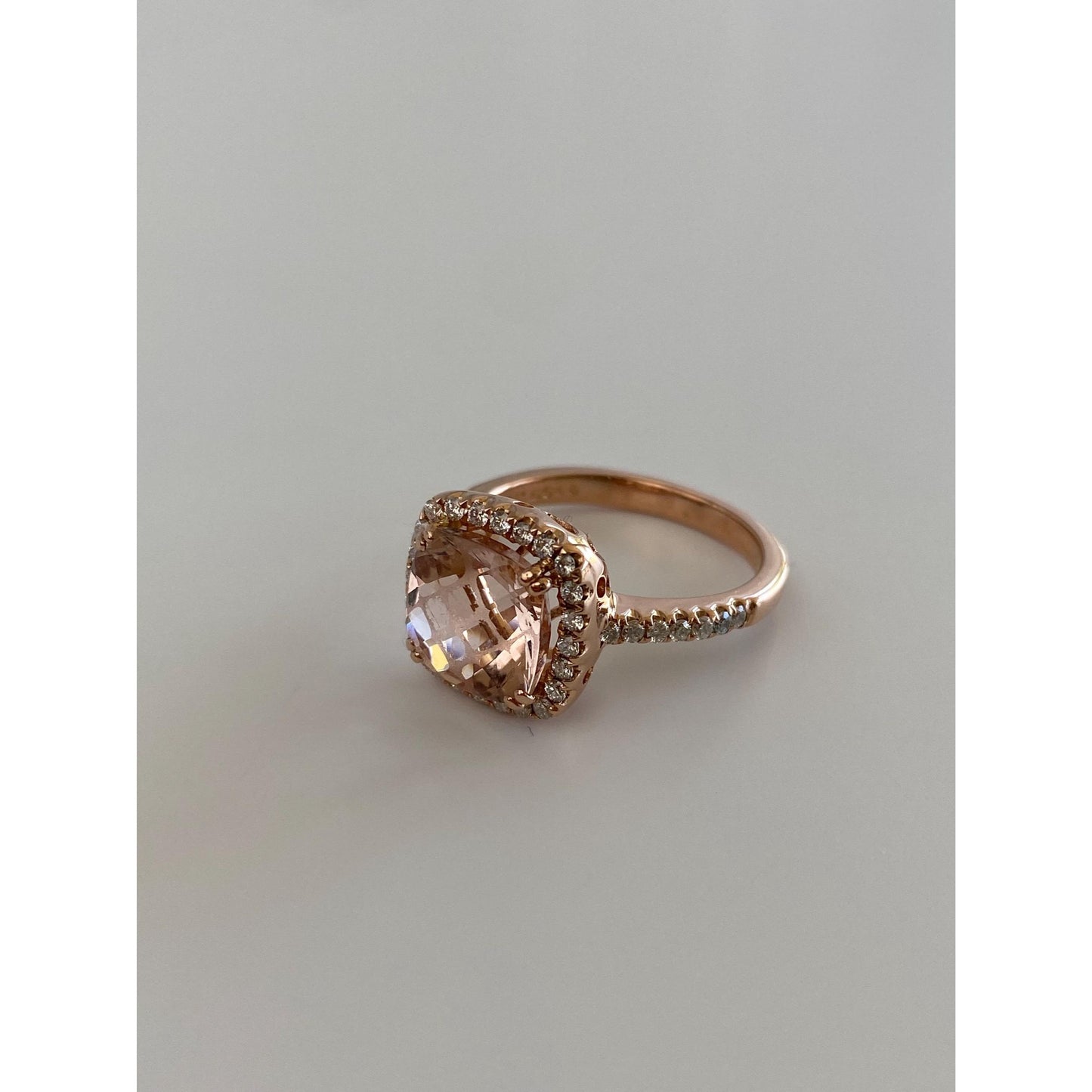 Vintage Solid 14k Rose Gold Diamond Halo Pink Quartz Ring - Size 7