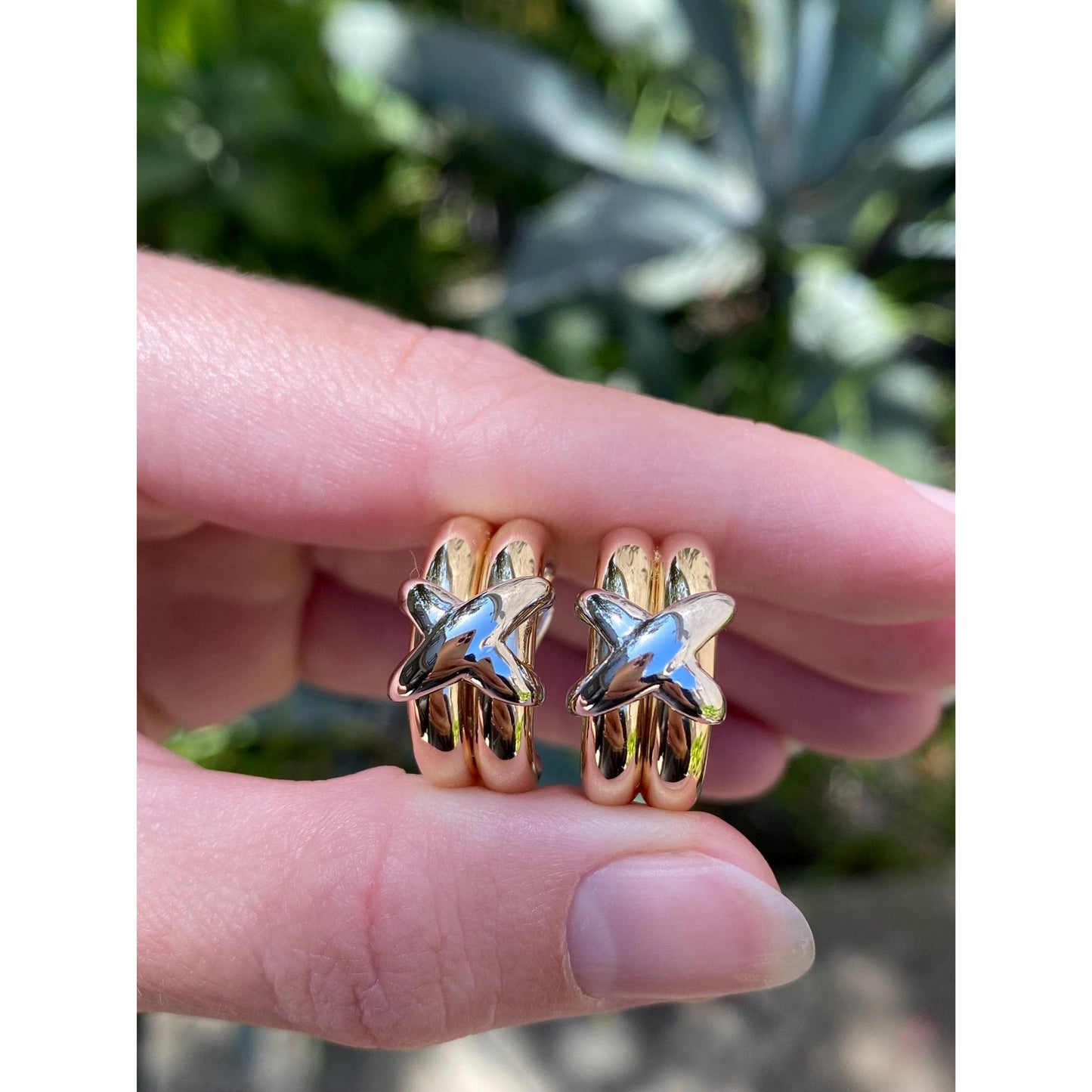 Vintage 14k White & Yellow Gold X Hoop Earrings