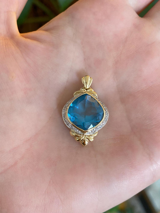 Vintage Solid 14k White & Yellow Gold Diamond Halo Topaz Charm