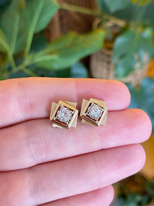 Vintage Solid 14k Yellow Gold Diamond Square Stud Earrings