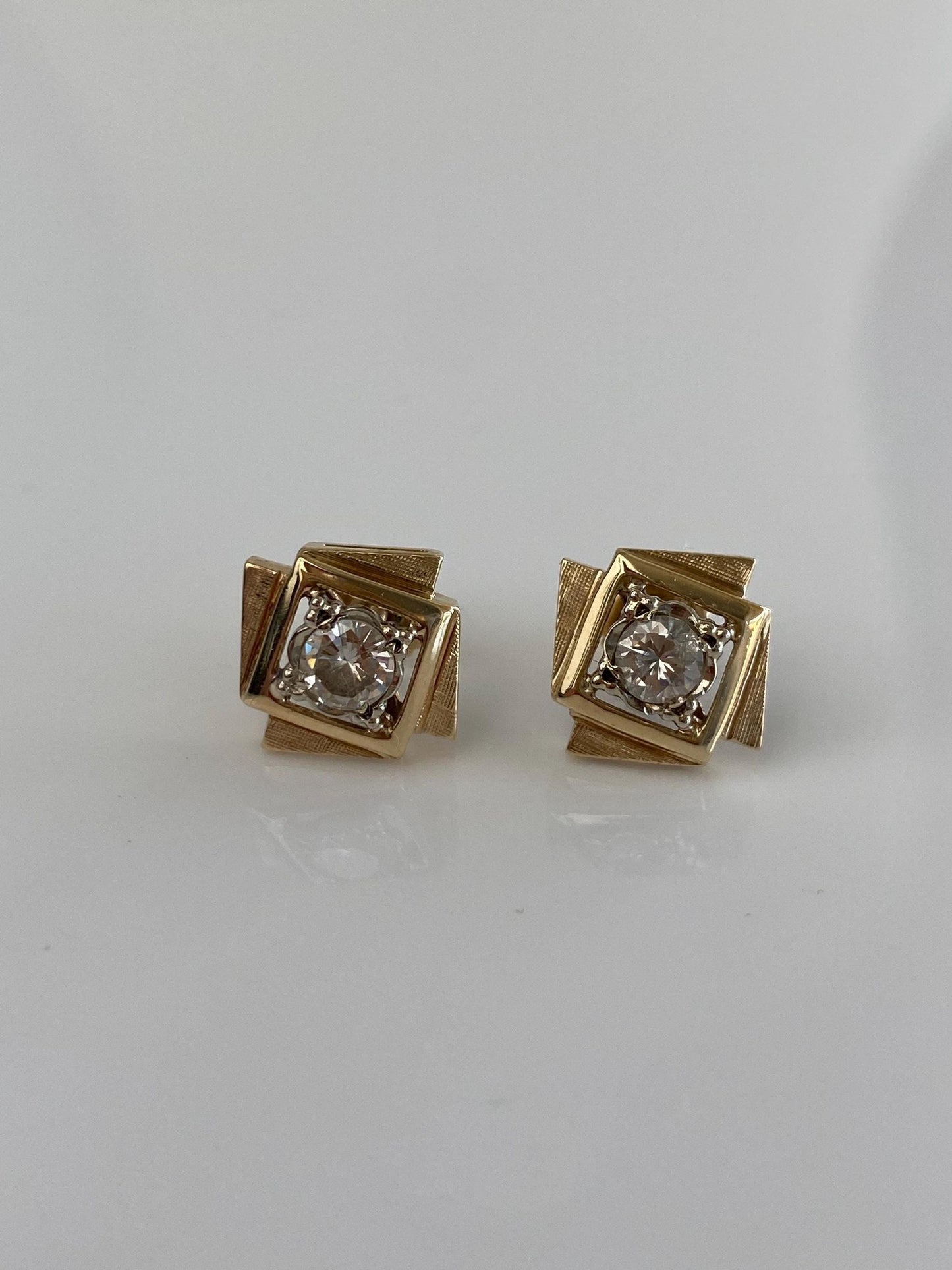 Vintage Solid 14k Yellow Gold Diamond Square Stud Earrings