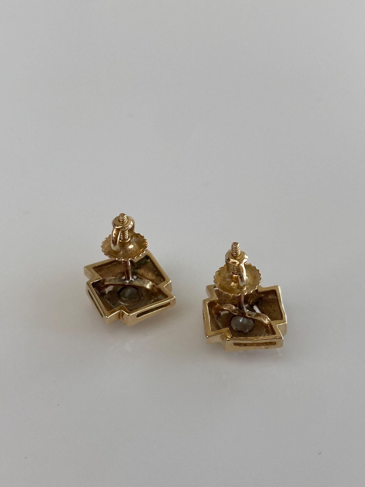 Vintage Solid 14k Yellow Gold Diamond Square Stud Earrings