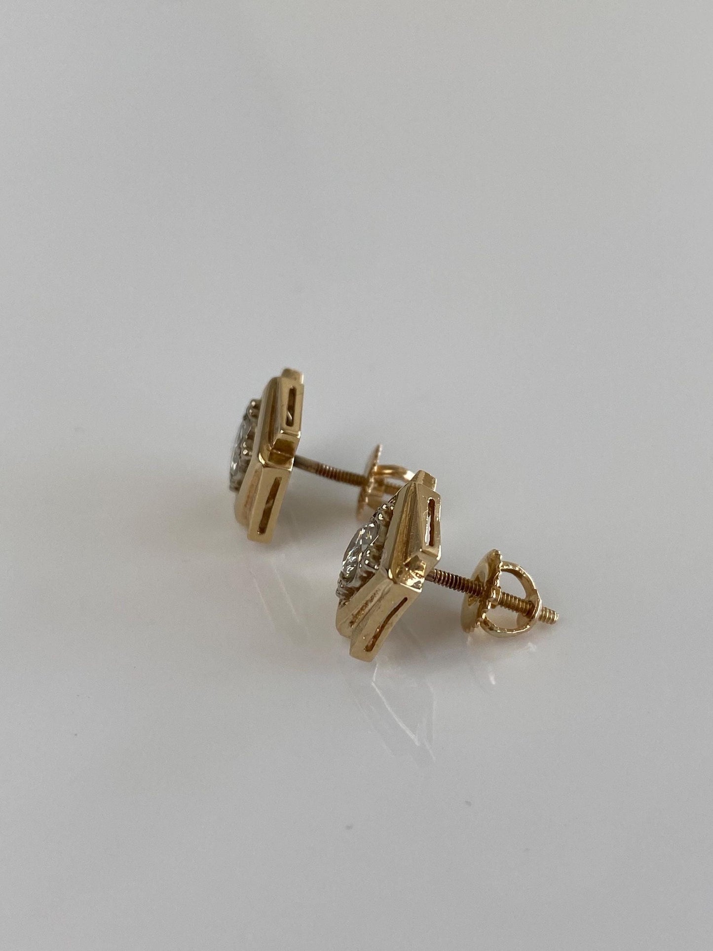 Vintage Solid 14k Yellow Gold Diamond Square Stud Earrings