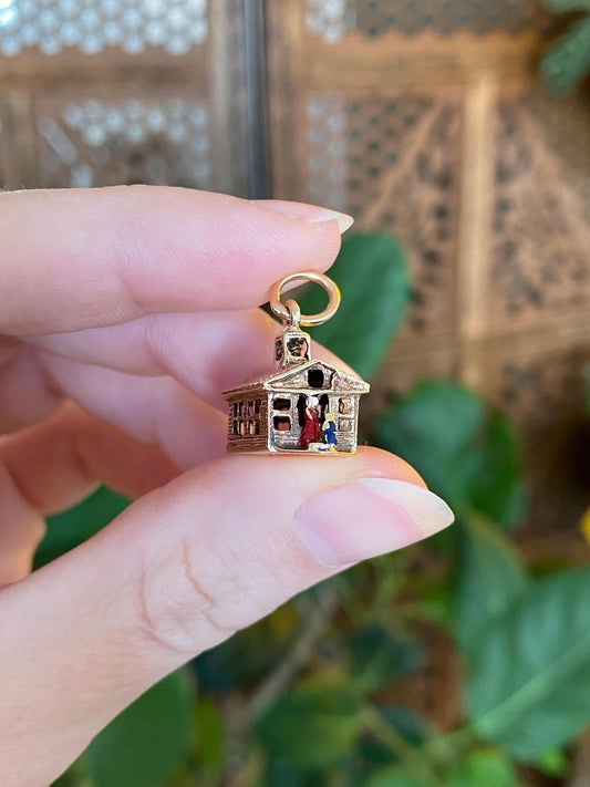 Vintage Solid 14k Yellow Gold Enamel Schoolhouse Charm