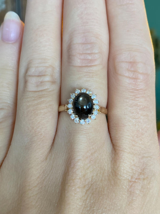 Solid 14k Yellow Gold Clear Cubic Zirconia Halo Star Sapphire Ring - Size 6.25