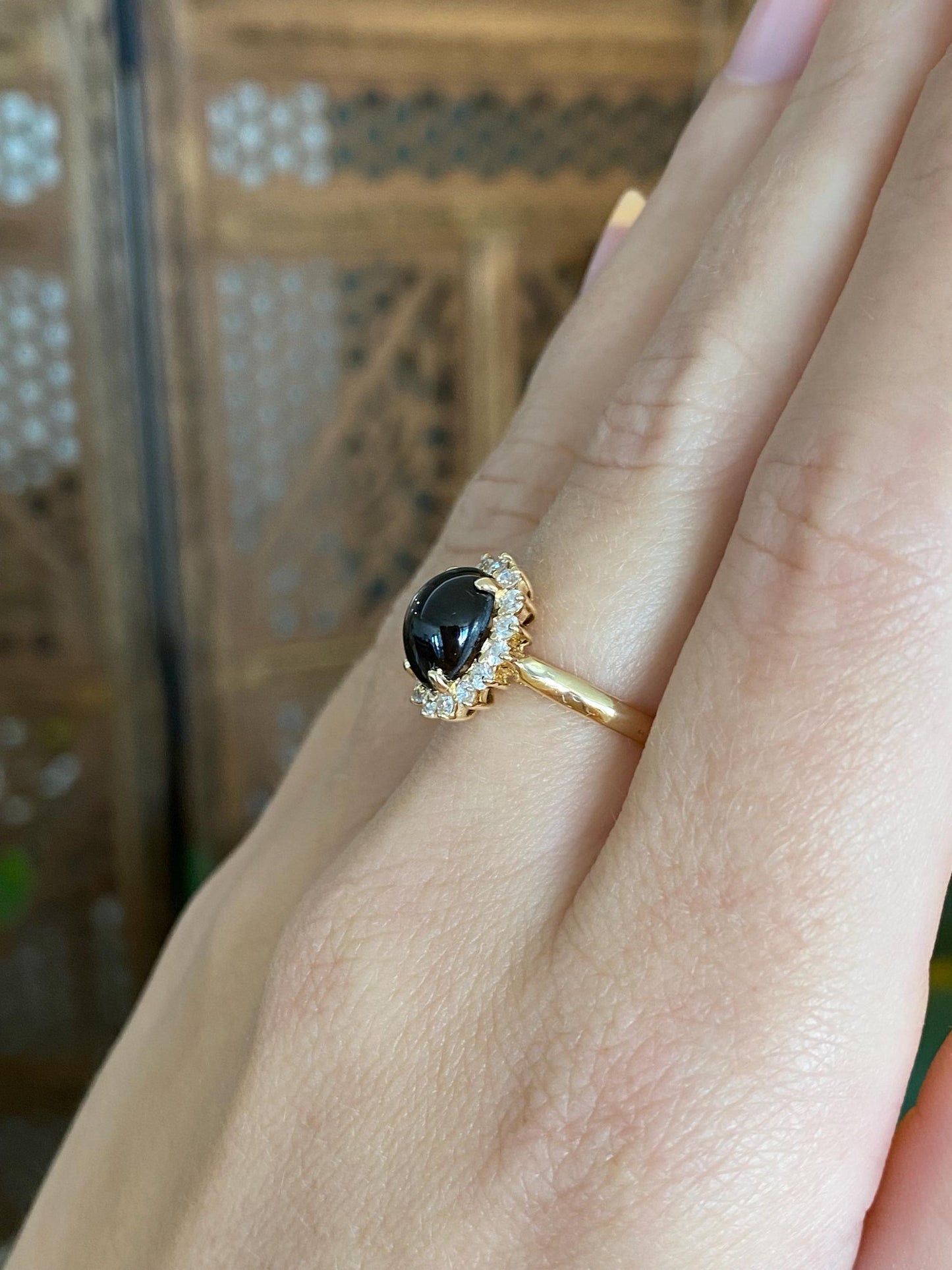 Solid 14k Yellow Gold Clear Cubic Zirconia Halo Star Sapphire Ring - Size 6.25