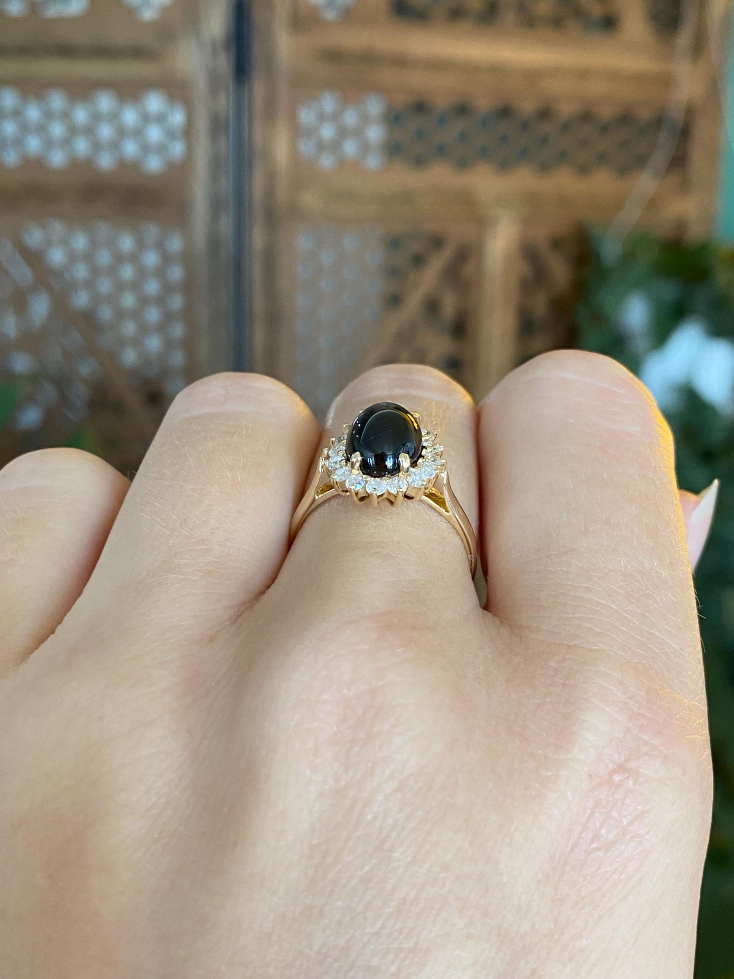 Solid 14k Yellow Gold Clear Cubic Zirconia Halo Star Sapphire Ring - Size 6.25