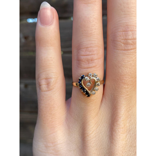 Vintage Solid 14k Yellow Gold Diamond Blue Spinel Heart Ring - Size 5.5