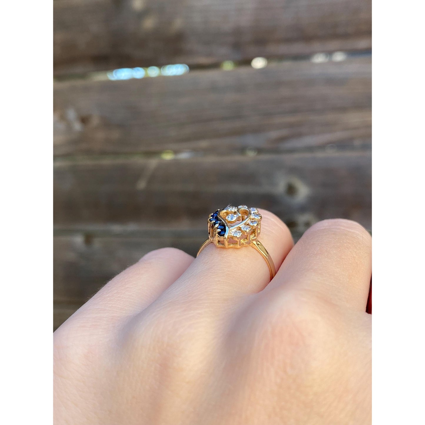 Vintage Solid 14k Yellow Gold Diamond Blue Spinel Heart Ring - Size 5.5