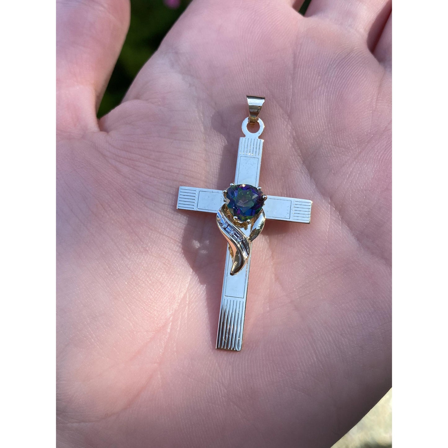 Vintage Solid 14k Yellow Gold Diamond Mystic Topaz Cross Charm