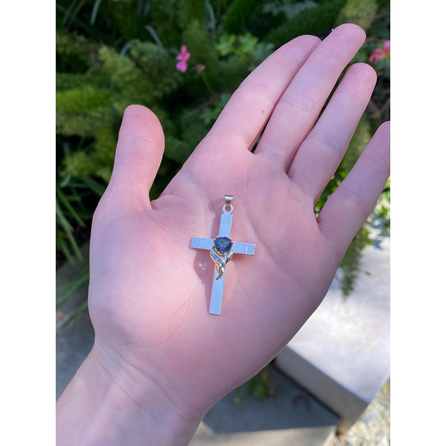 Vintage Solid 14k Yellow Gold Diamond Mystic Topaz Cross Charm