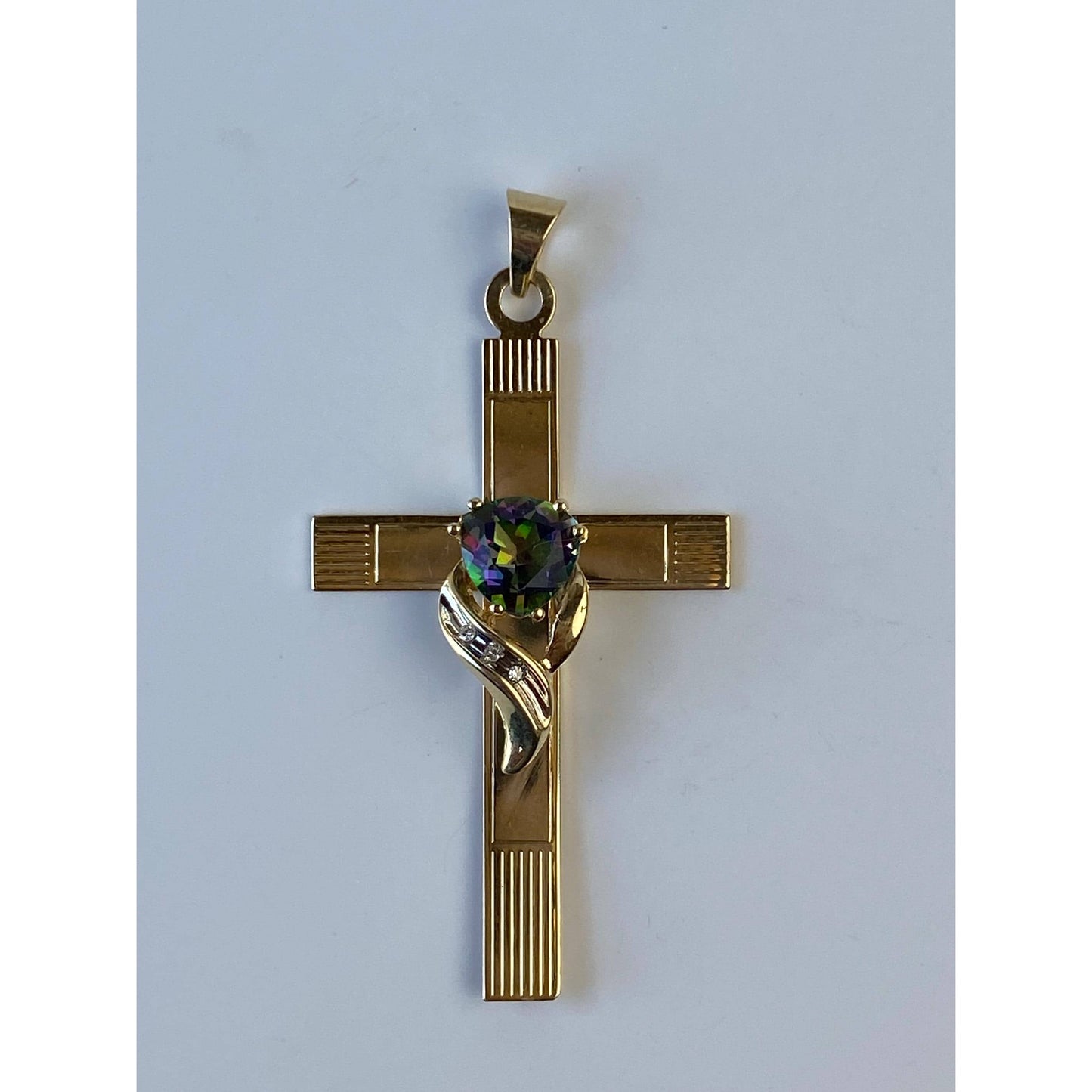 Vintage Solid 14k Yellow Gold Diamond Mystic Topaz Cross Charm