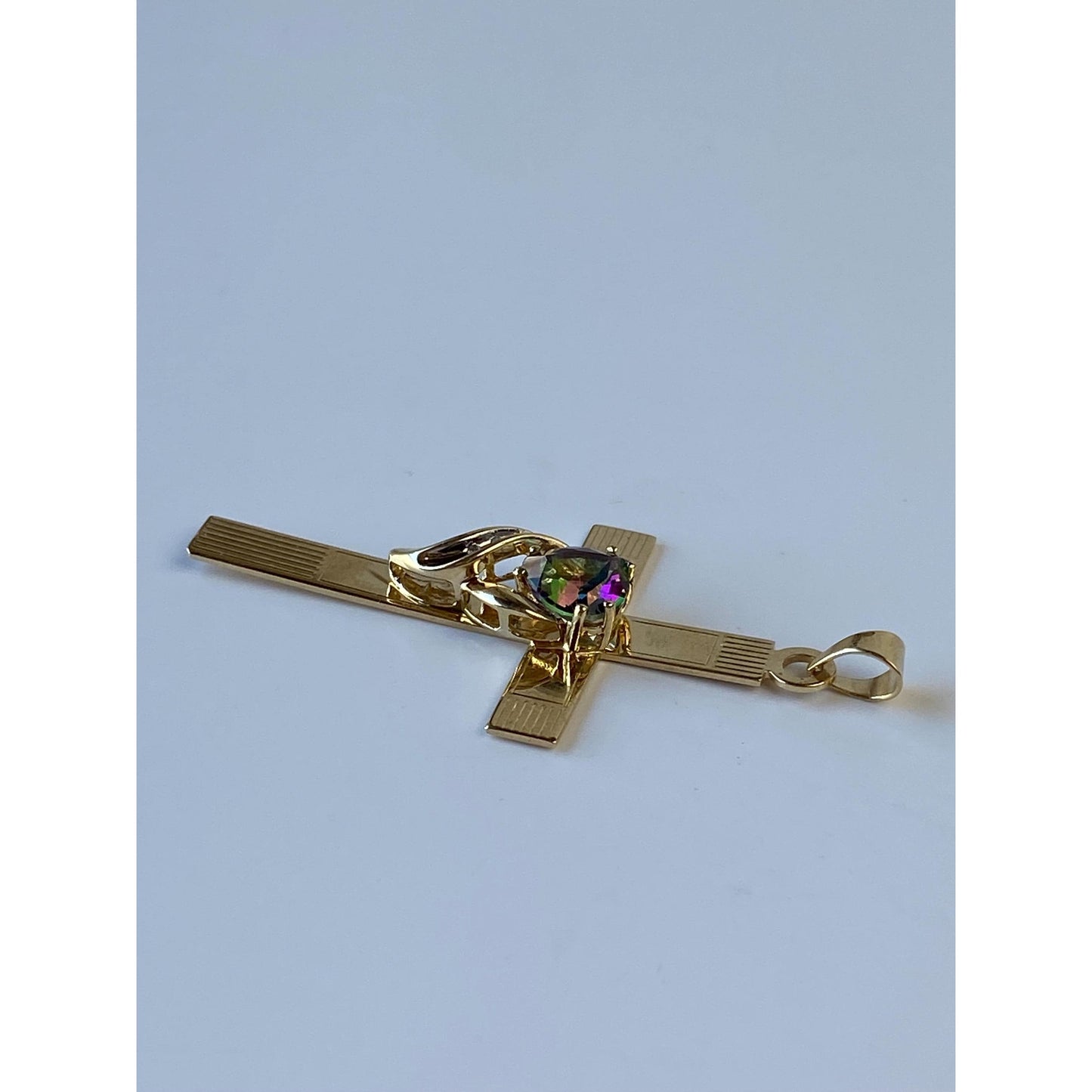 Vintage Solid 14k Yellow Gold Diamond Mystic Topaz Cross Charm