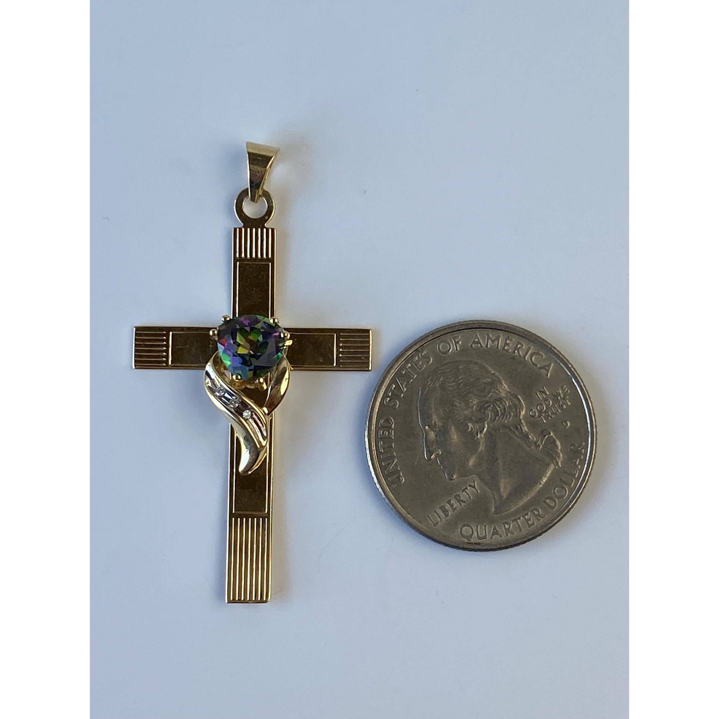 Vintage Solid 14k Yellow Gold Diamond Mystic Topaz Cross Charm