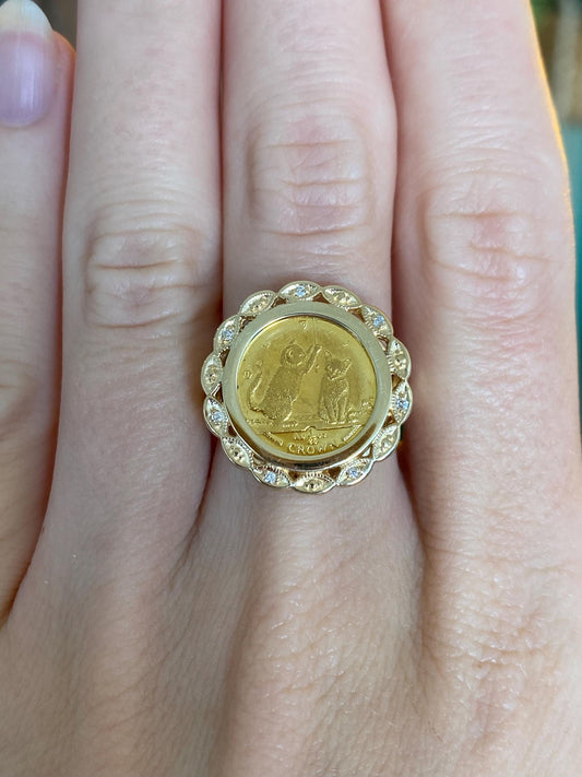 Vintage Solid 24k Yellow Gold Kittens 1/25 Oz. Coin in 14k Ring - Size 6.75