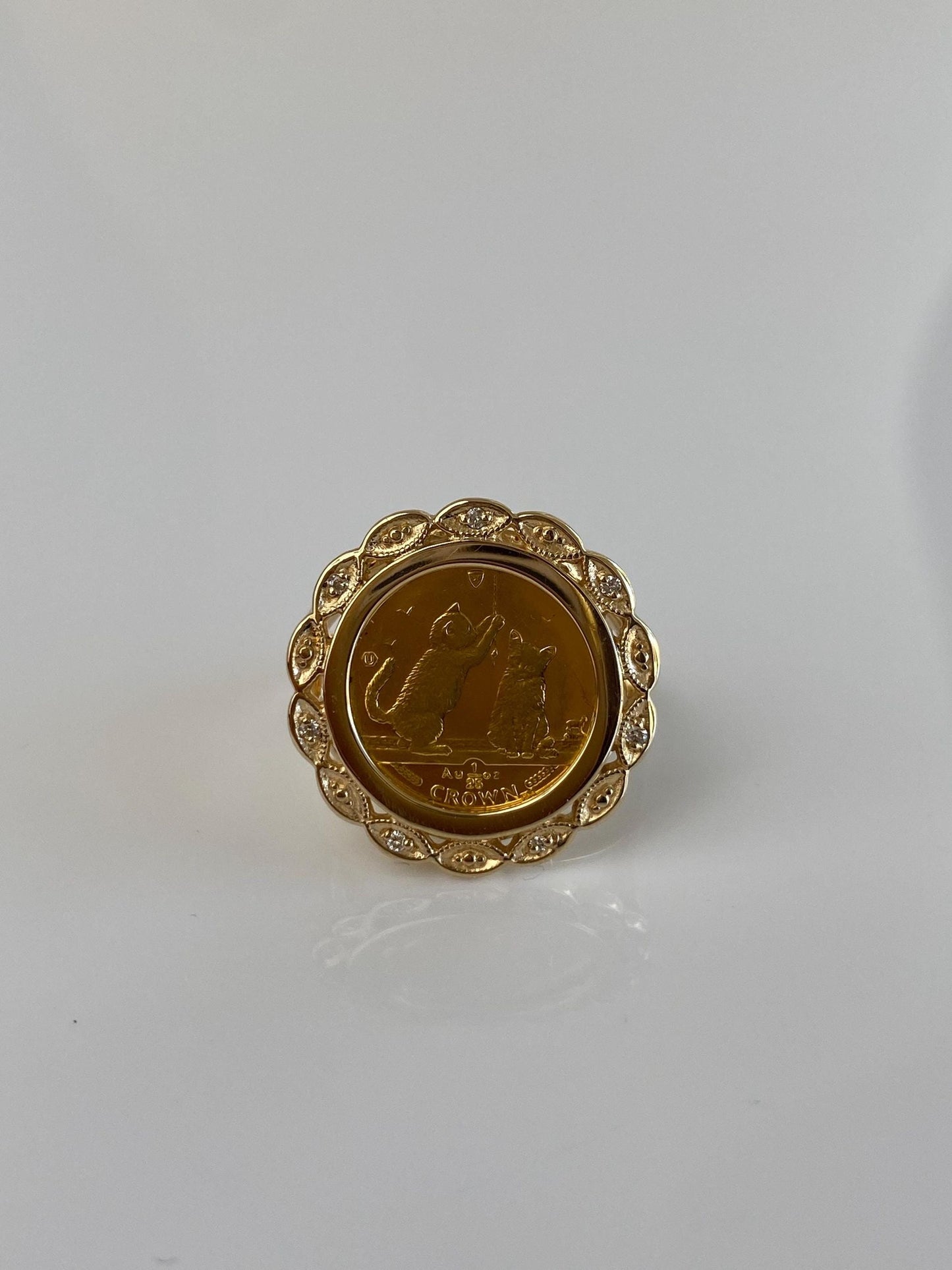 Vintage Solid 24k Yellow Gold Kittens 1/25 Oz. Coin in 14k Ring - Size 6.75