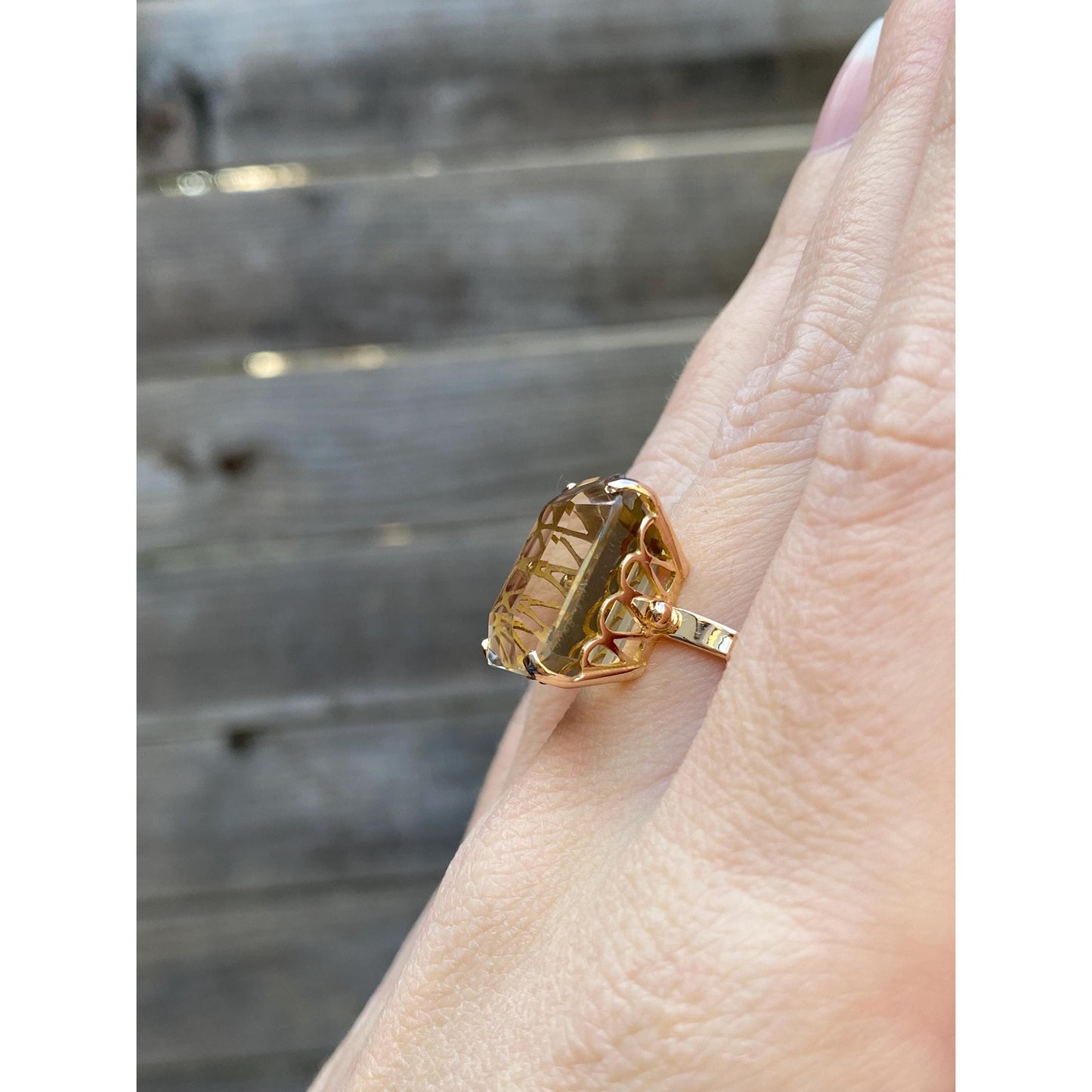Vintage Solid 18k Yellow Gold Smokey Quartz Ring - Size 6