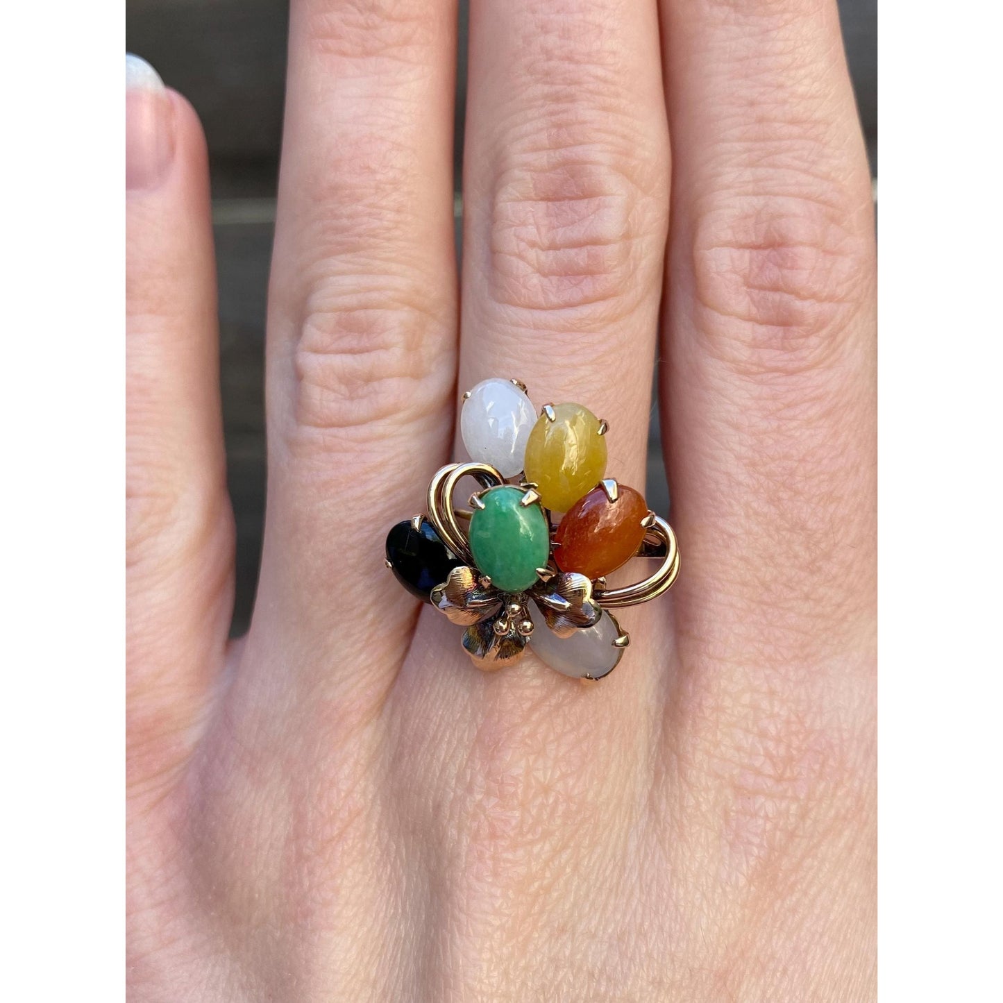 Solid 14k Yellow Gold Colored Jade Ring - Size 8