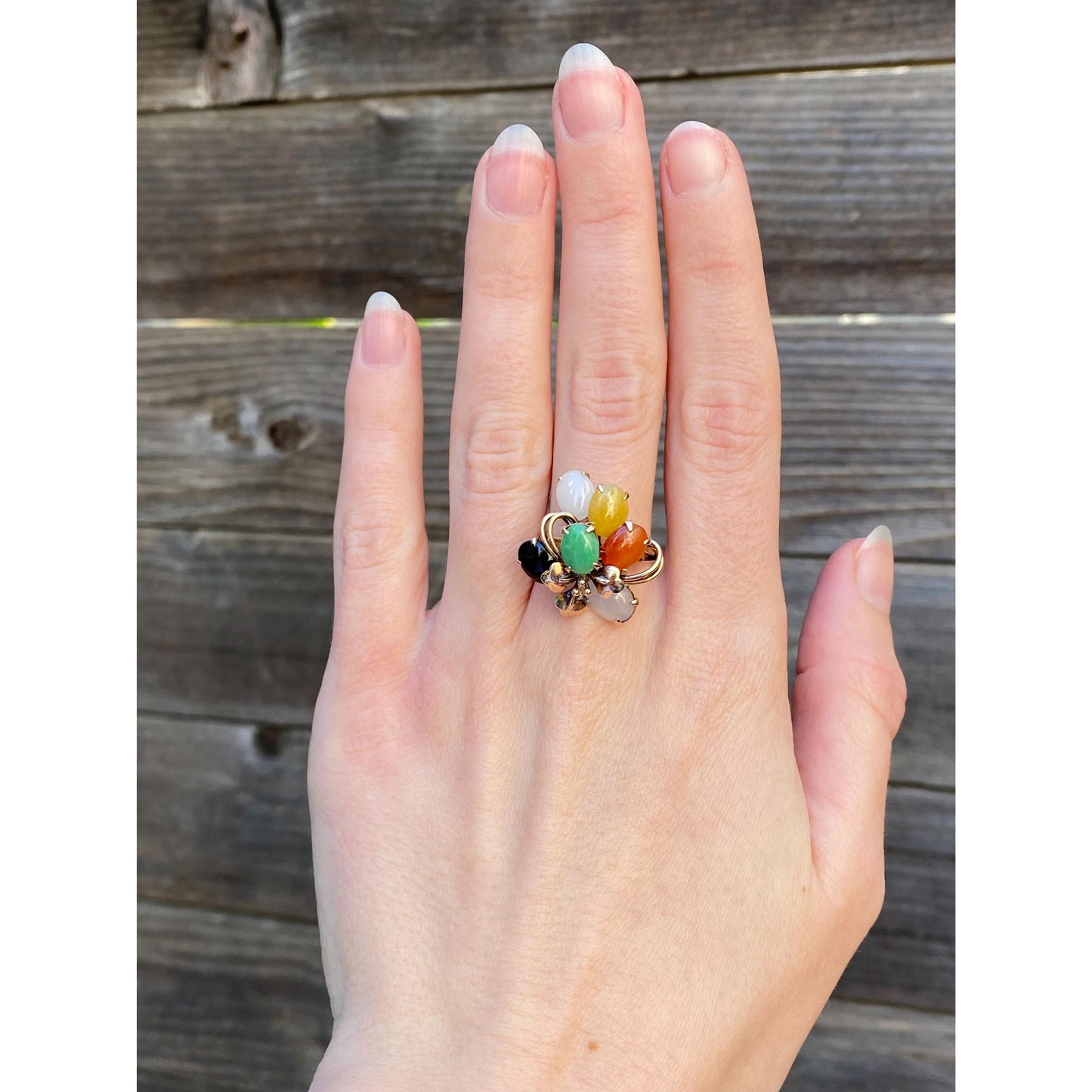 Solid 14k Yellow Gold Colored Jade Ring - Size 8