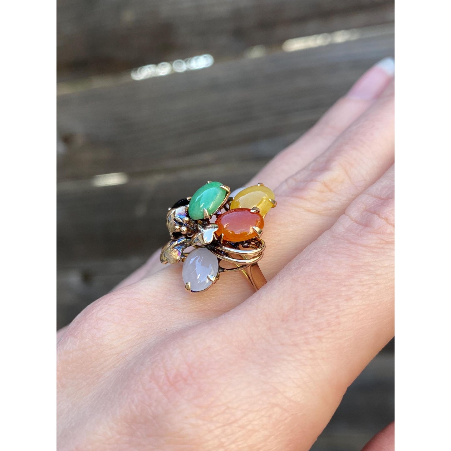 Solid 14k Yellow Gold Colored Jade Ring - Size 8