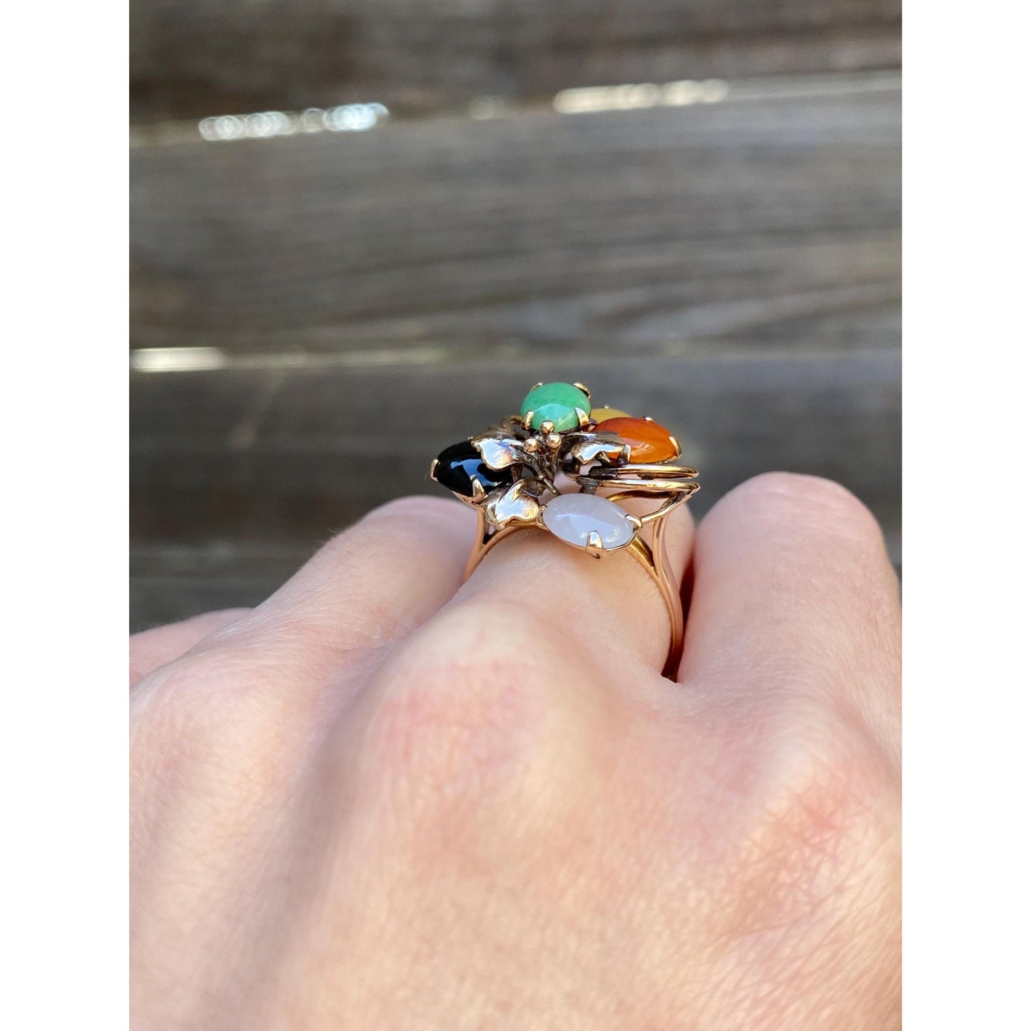 Solid 14k Yellow Gold Colored Jade Ring - Size 8