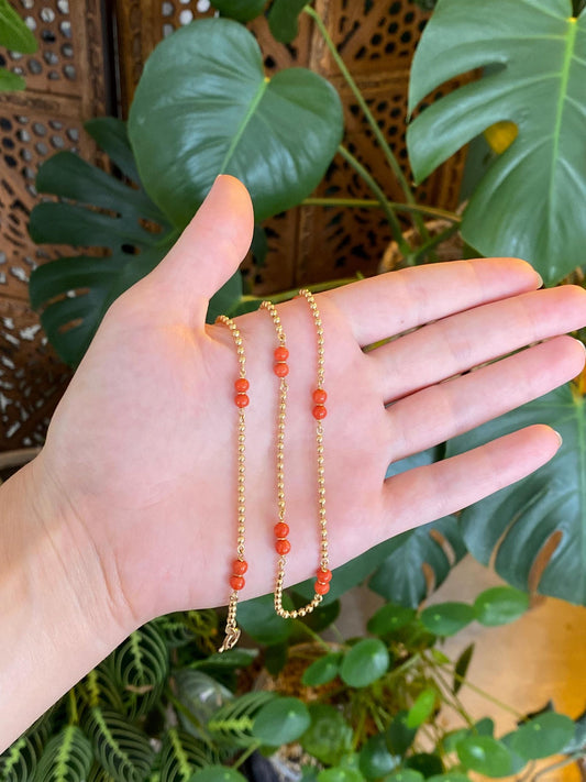 Vintage Solid 18k Yellow Gold Coral Bead Ball Chain Necklace - 15.75 inches