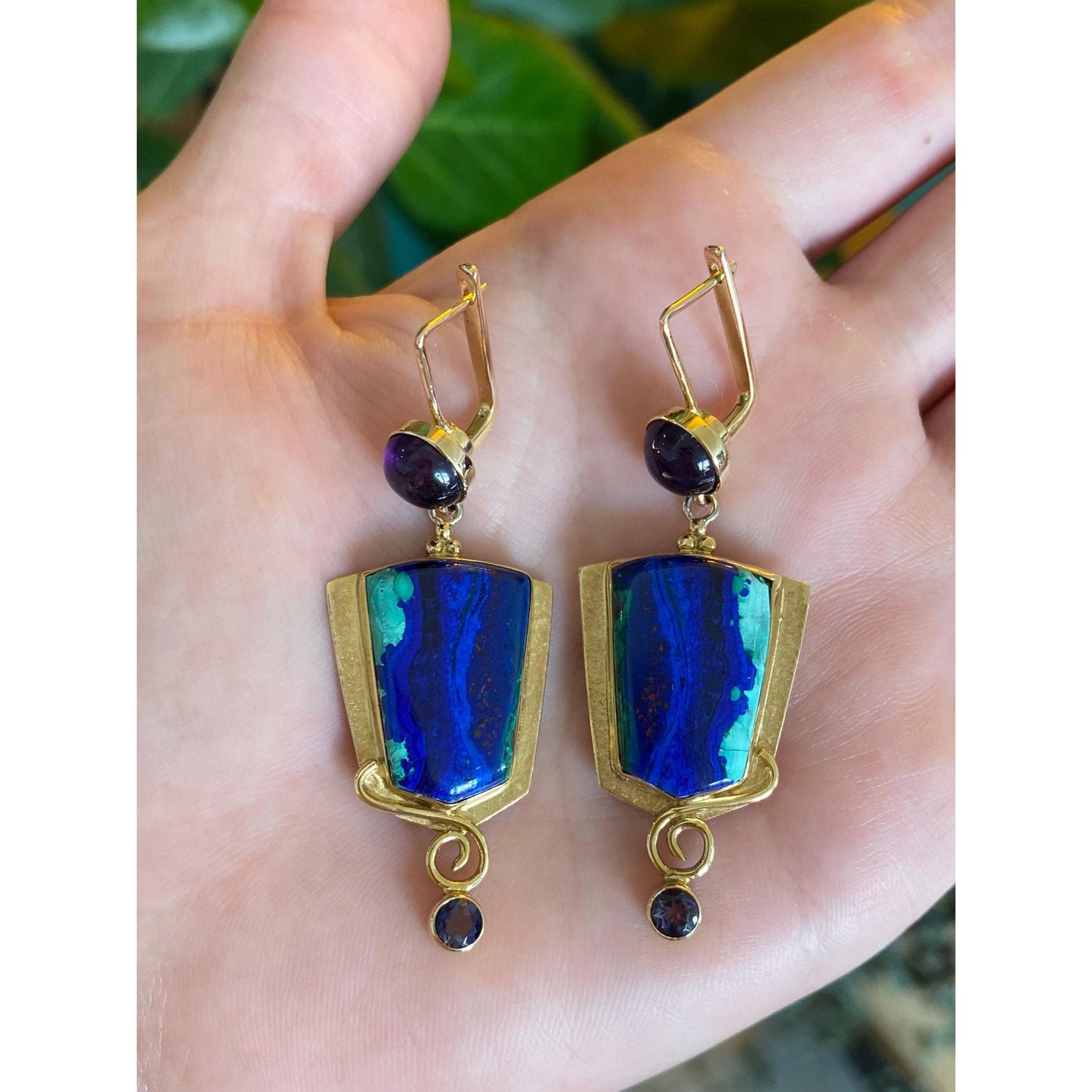 Vintage Solid 14k Yellow Gold Amethyst Chrysocolla Azurite Dangle Earrings