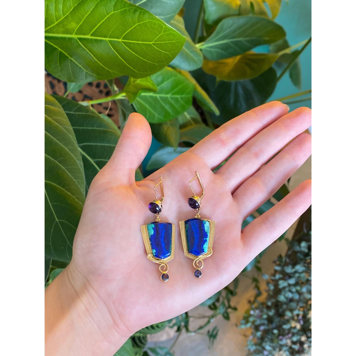 Vintage Solid 14k Yellow Gold Amethyst Chrysocolla Azurite Dangle Earrings