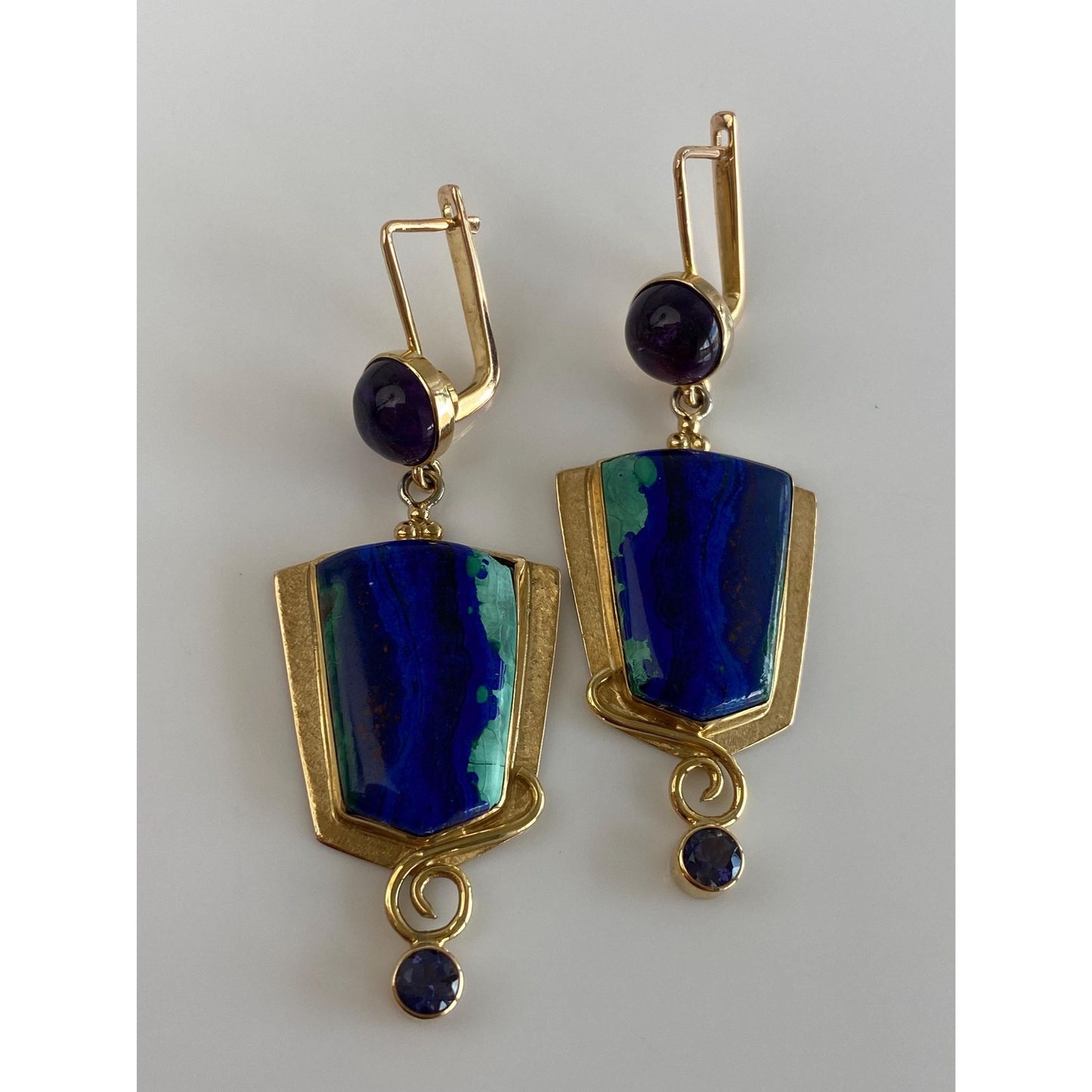 Vintage Solid 14k Yellow Gold Amethyst Chrysocolla Azurite Dangle Earrings