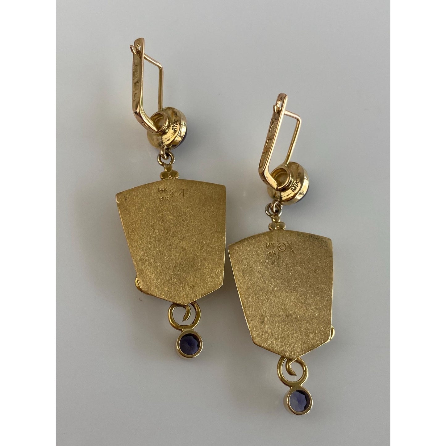 Vintage Solid 14k Yellow Gold Amethyst Chrysocolla Azurite Dangle Earrings