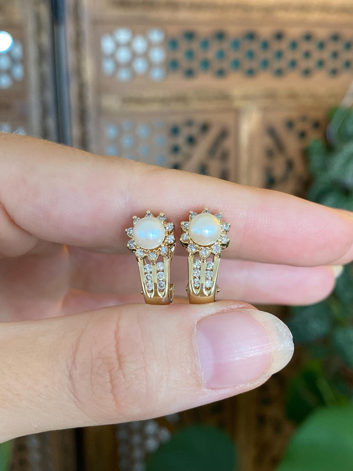 Vintage Solid 14k Yellow Gold Diamond Halo Pearl Drop Earrings