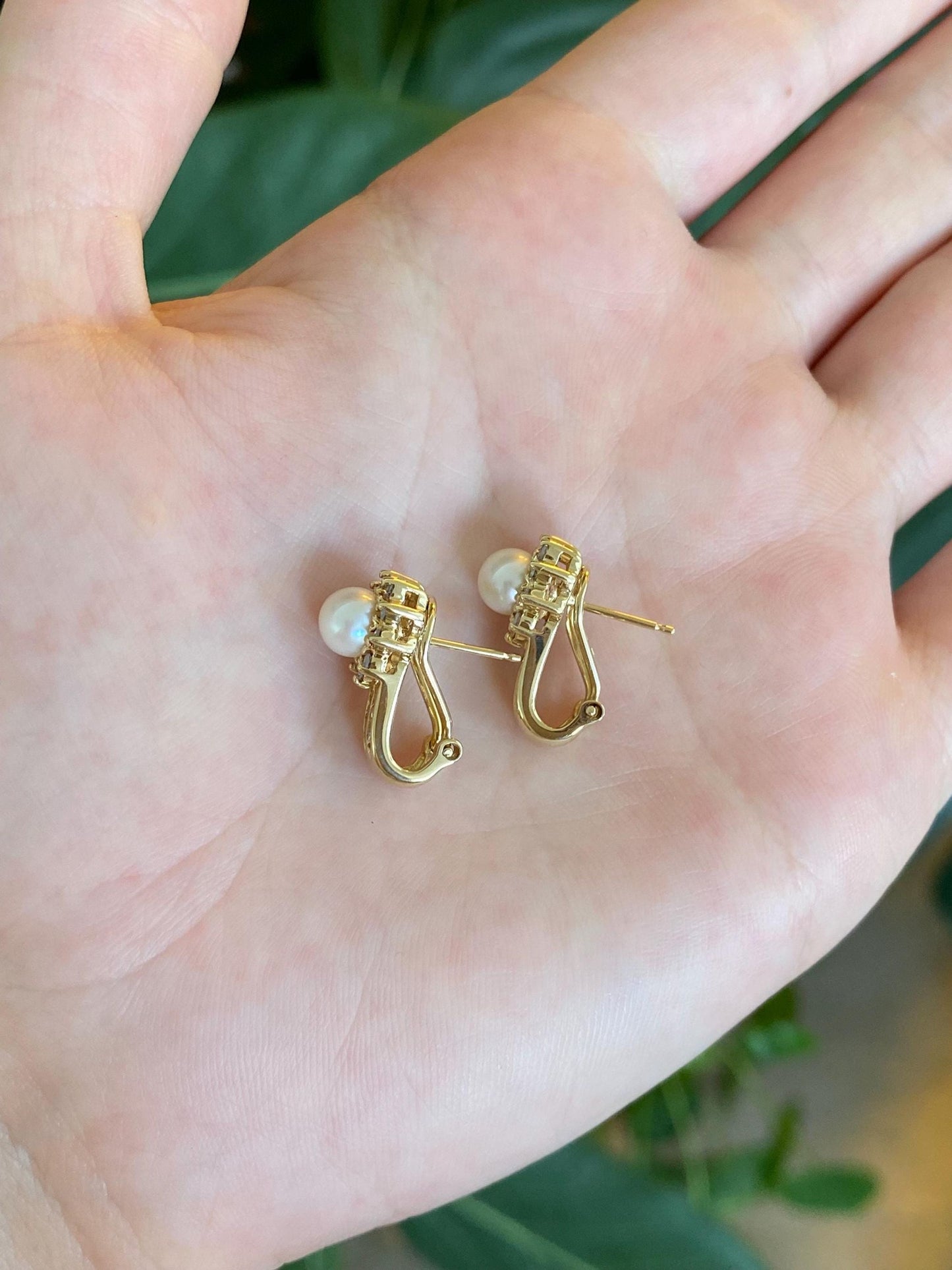 Vintage Solid 14k Yellow Gold Diamond Halo Pearl Drop Earrings